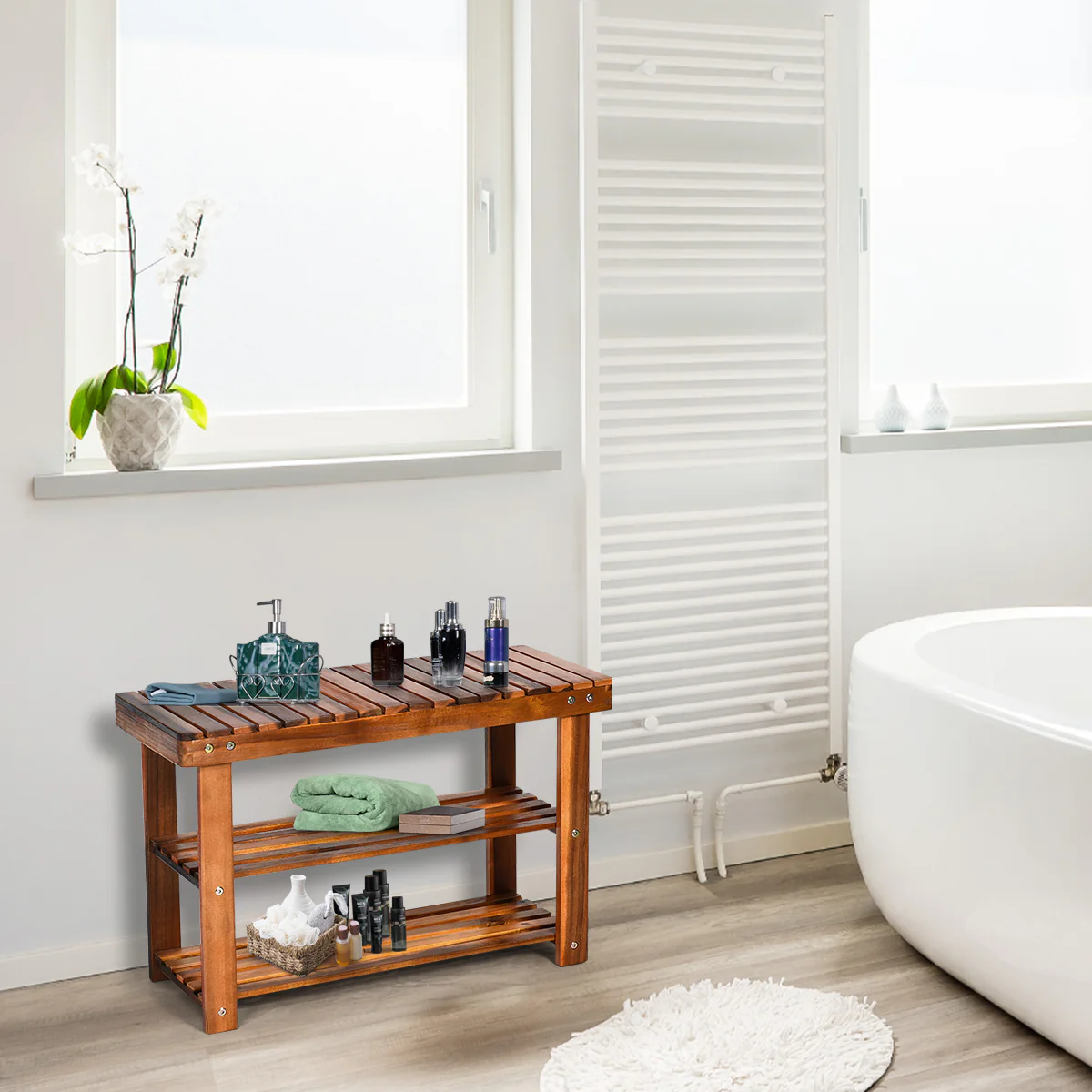 Freestanding Wood Bench, 3-Tier Storage Shelves, Natural - Image 3