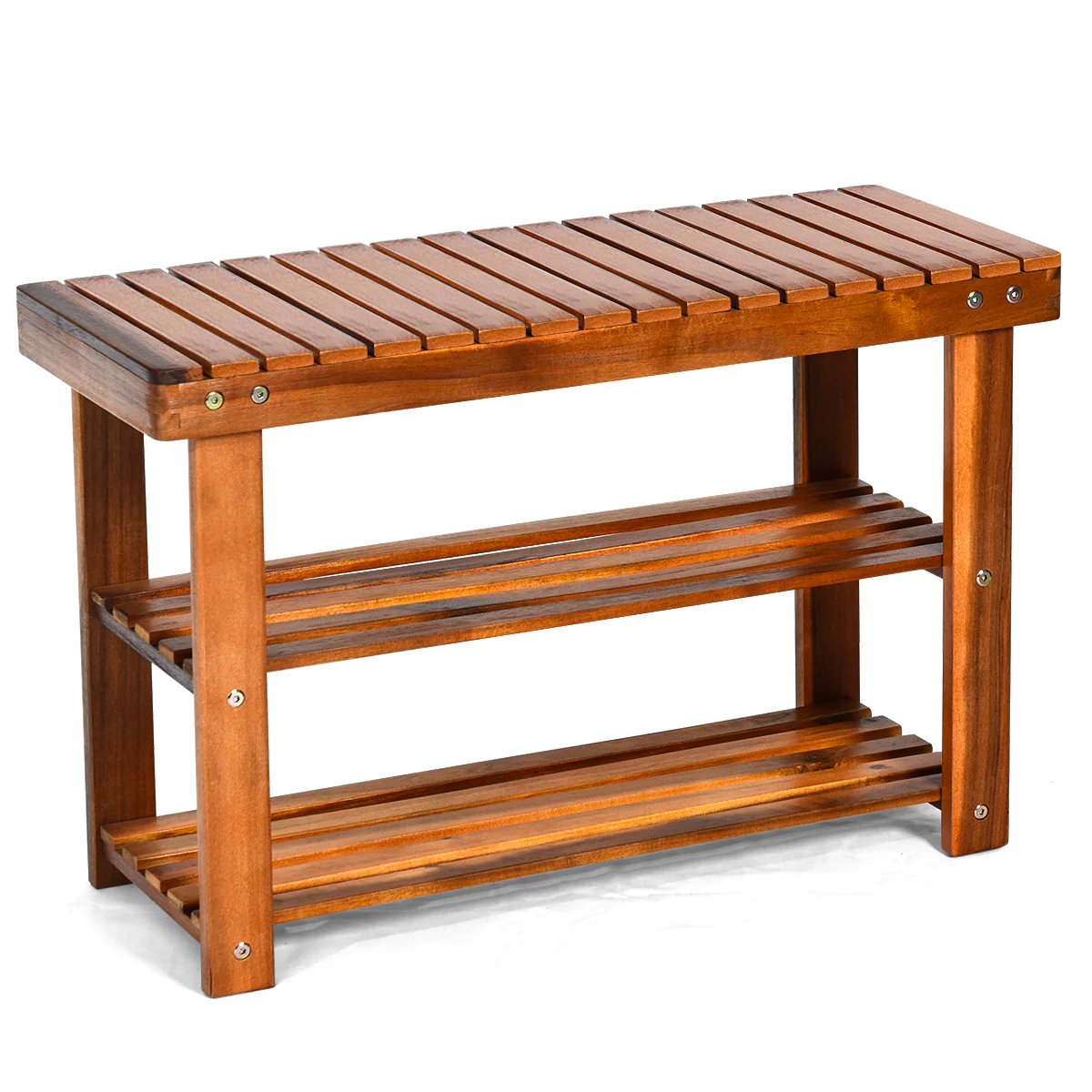 Freestanding Wood Bench, 3-Tier Storage Shelves, Natural - Image 4