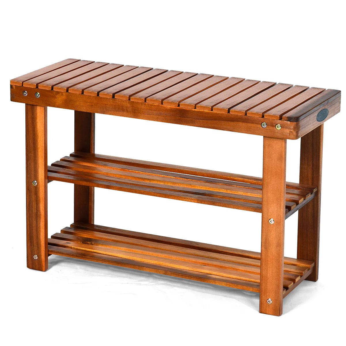 Freestanding Wood Bench, 3-Tier Storage Shelves, Natural - Image 5