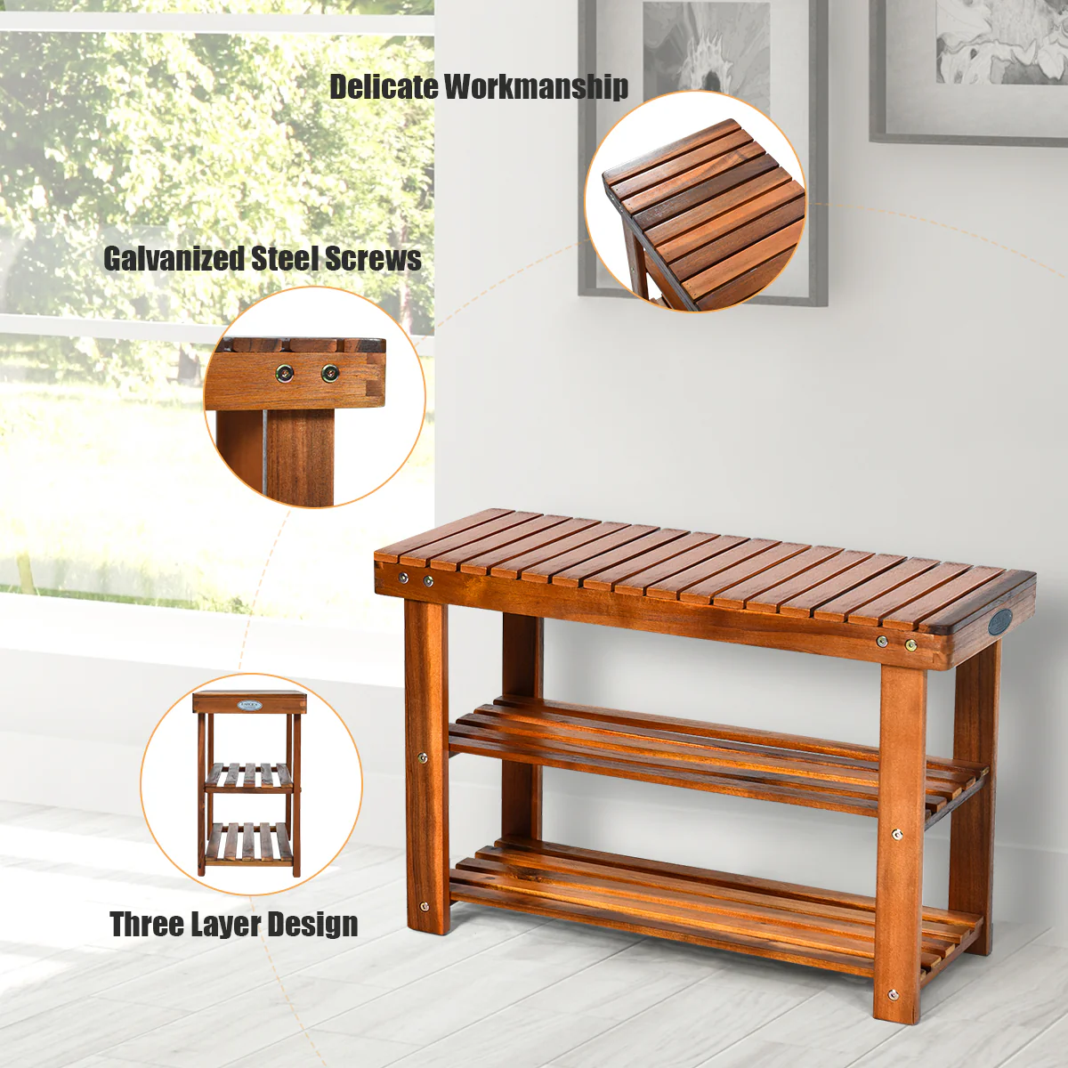 Freestanding Wood Bench, 3-Tier Storage Shelves, Natural - Image 8