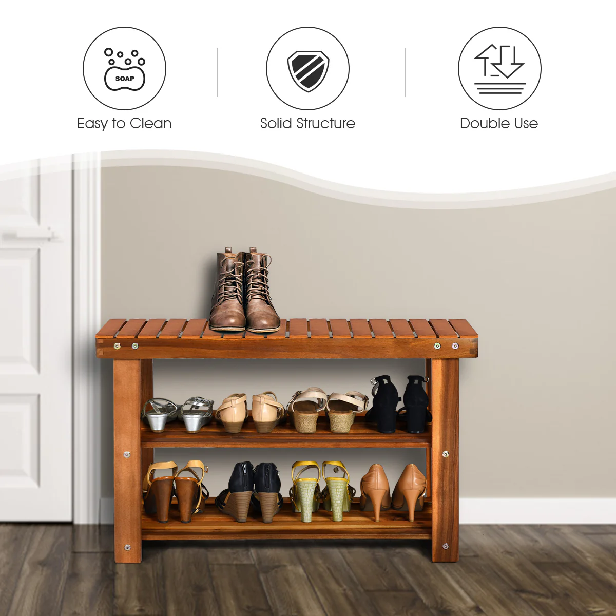 Freestanding Wood Bench, 3-Tier Storage Shelves, Natural - Image 9
