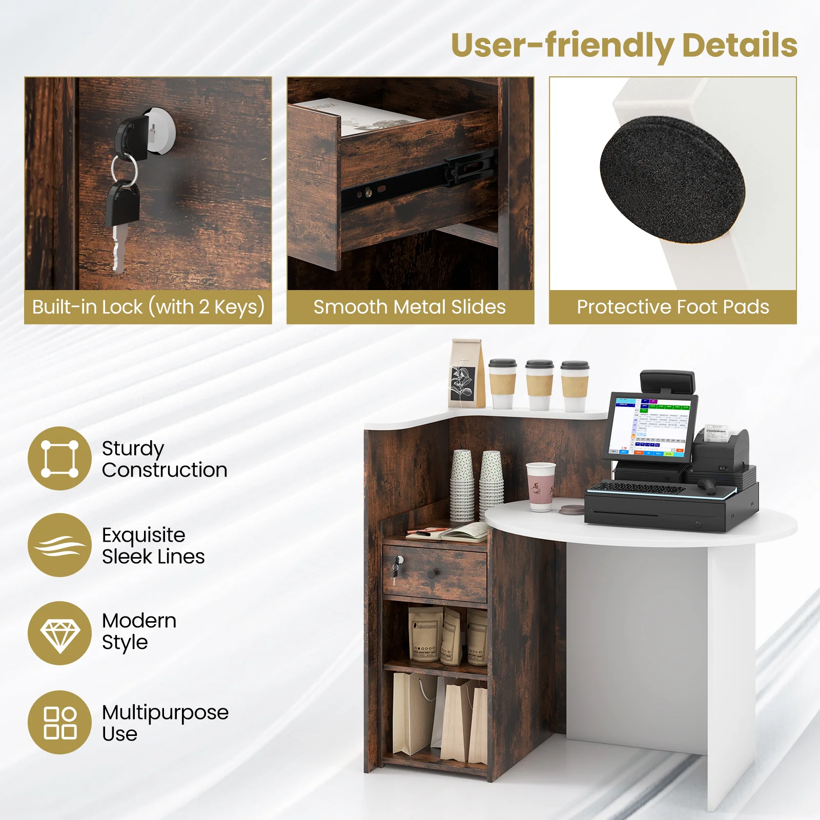 Front Reception Office Desk, Open Shelf, Lockable Drawer, Rustic Brown - Image 10