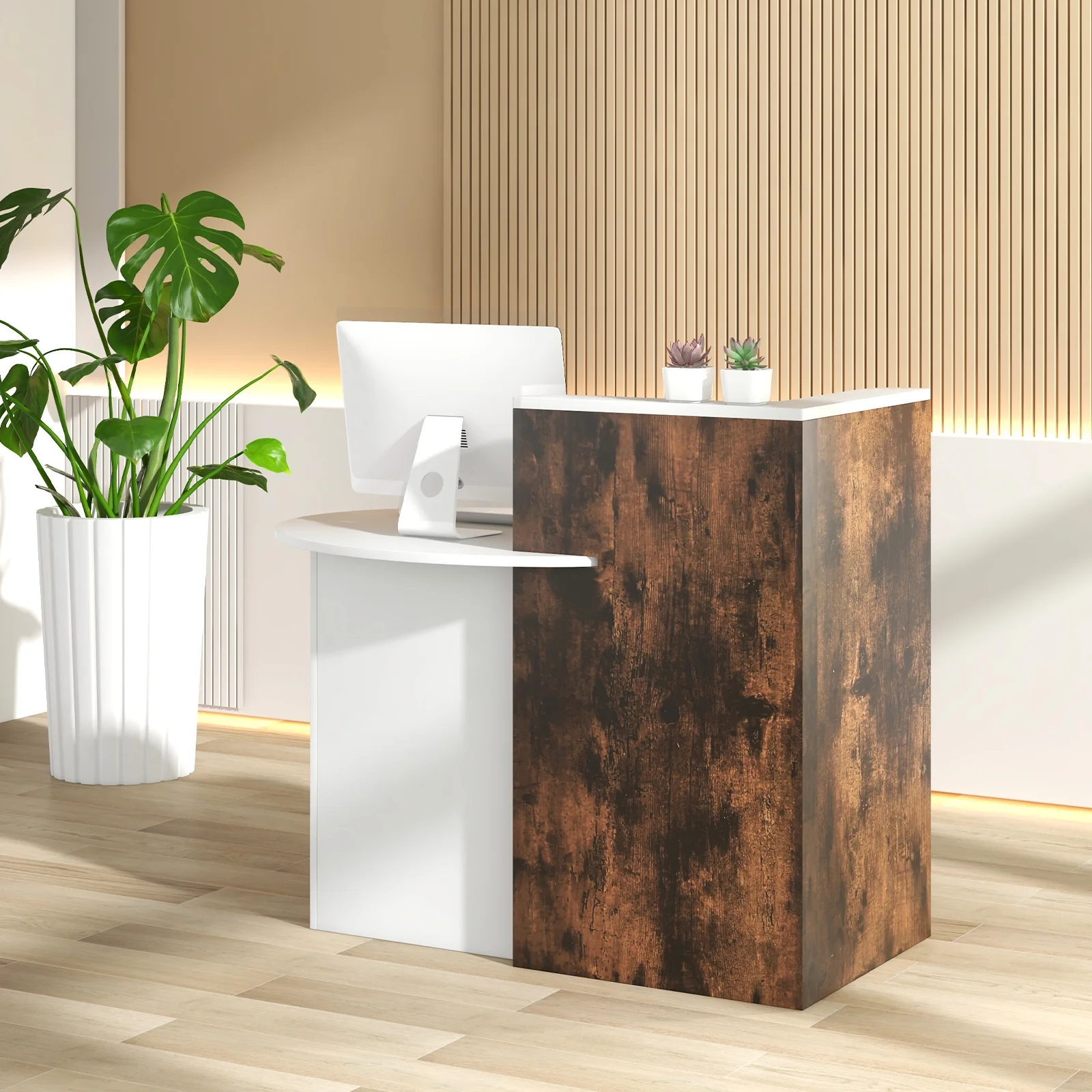 Front Reception Office Desk, Open Shelf, Lockable Drawer, Rustic Brown - Image 3