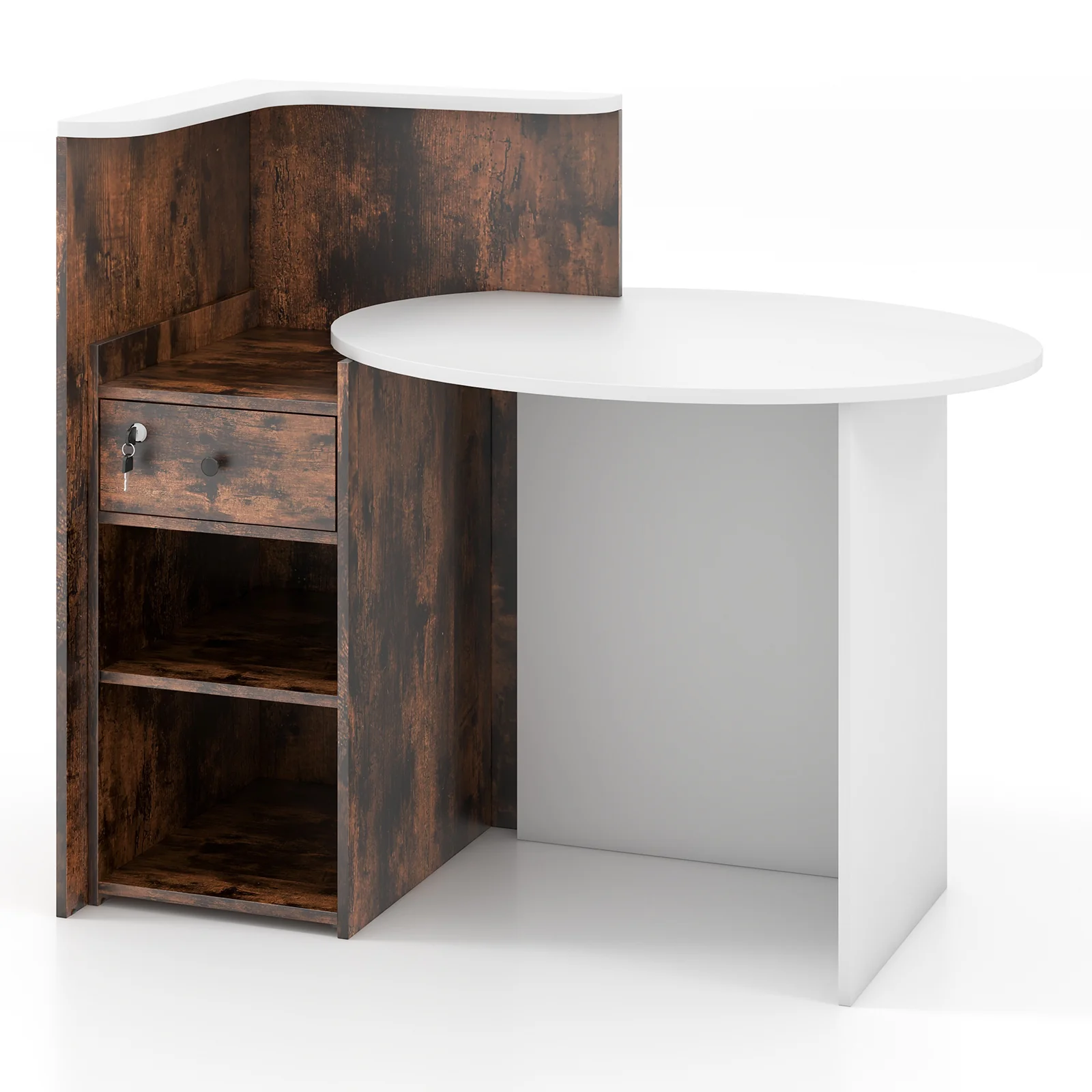 Front Reception Office Desk, Open Shelf, Lockable Drawer, Rustic Brown - Image 4