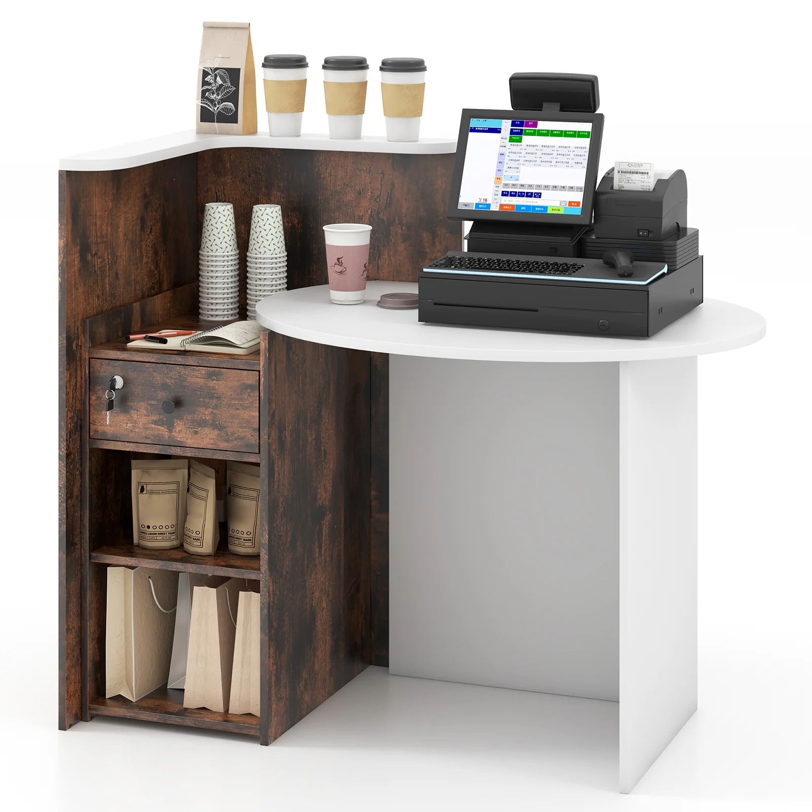 Front Reception Office Desk, Open Shelf, Lockable Drawer, Rustic Brown - Image 5