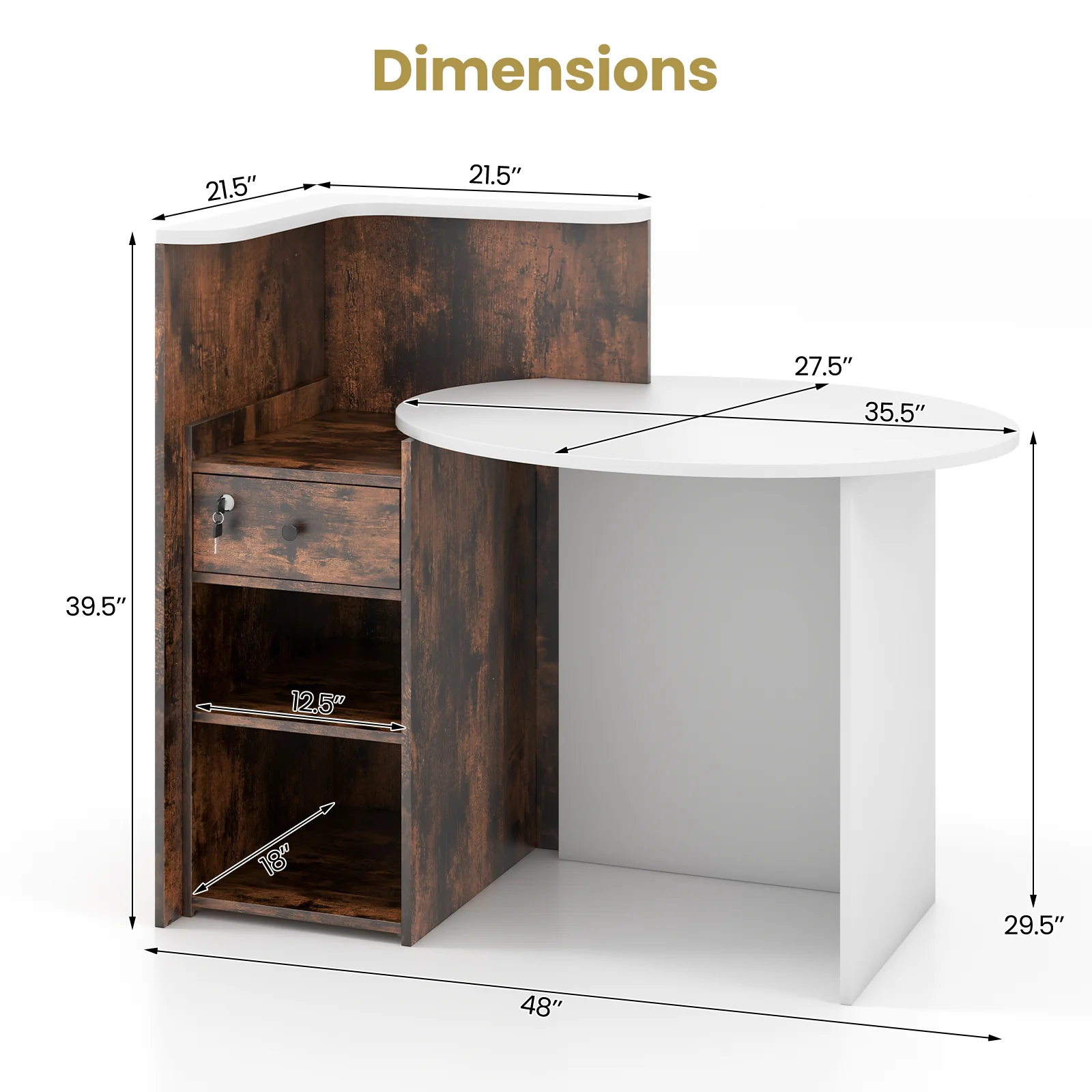 Front Reception Office Desk, Open Shelf, Lockable Drawer, Rustic Brown - Image 6