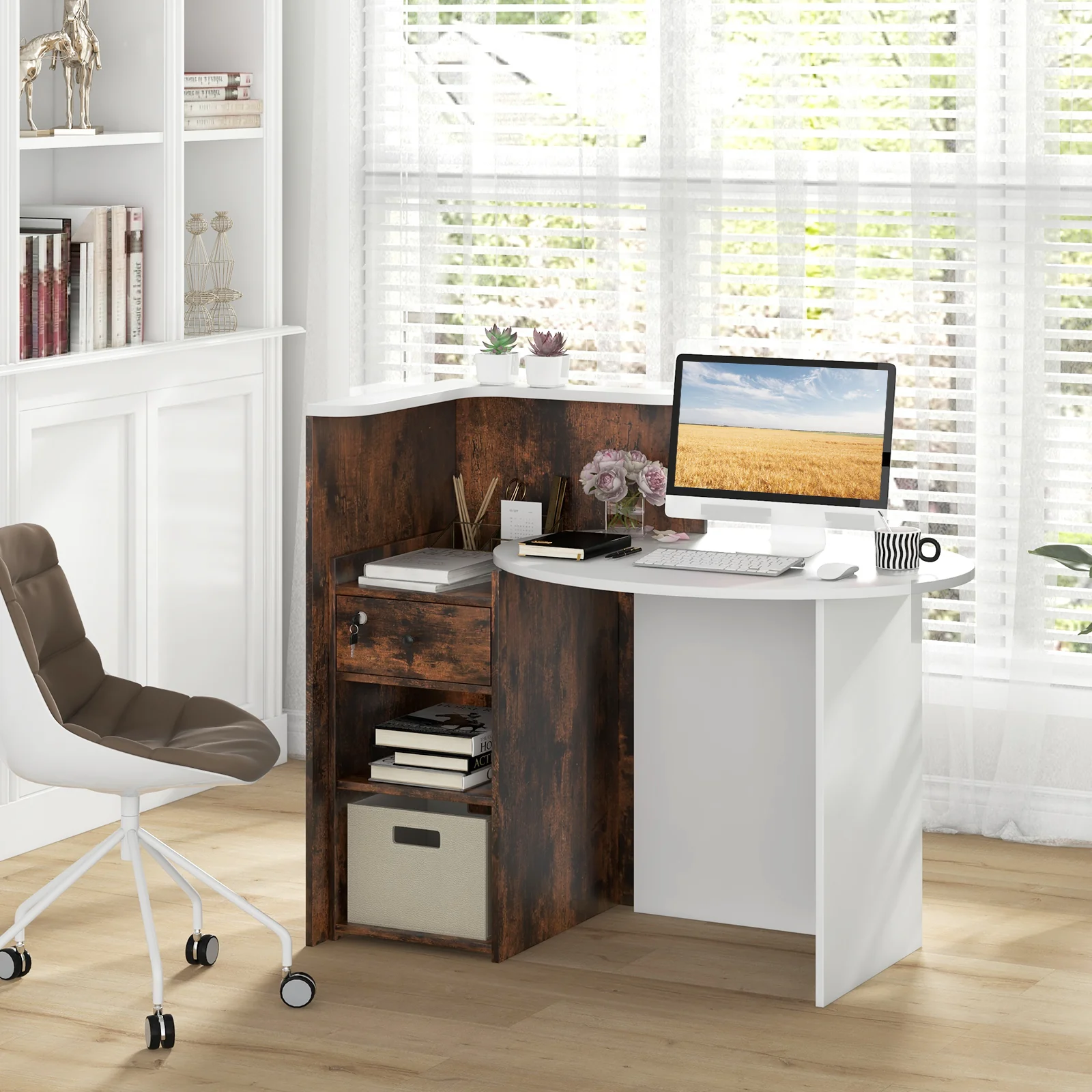 Front Reception Office Desk, Open Shelf, Lockable Drawer, Rustic Brown - Image 7
