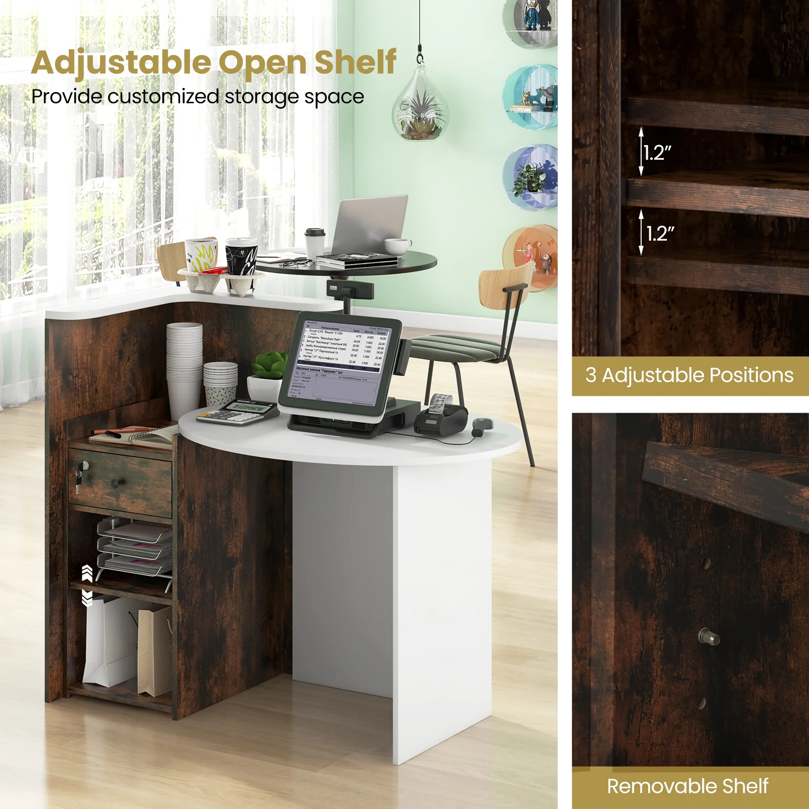 Front Reception Office Desk, Open Shelf, Lockable Drawer, Rustic Brown - Image 8