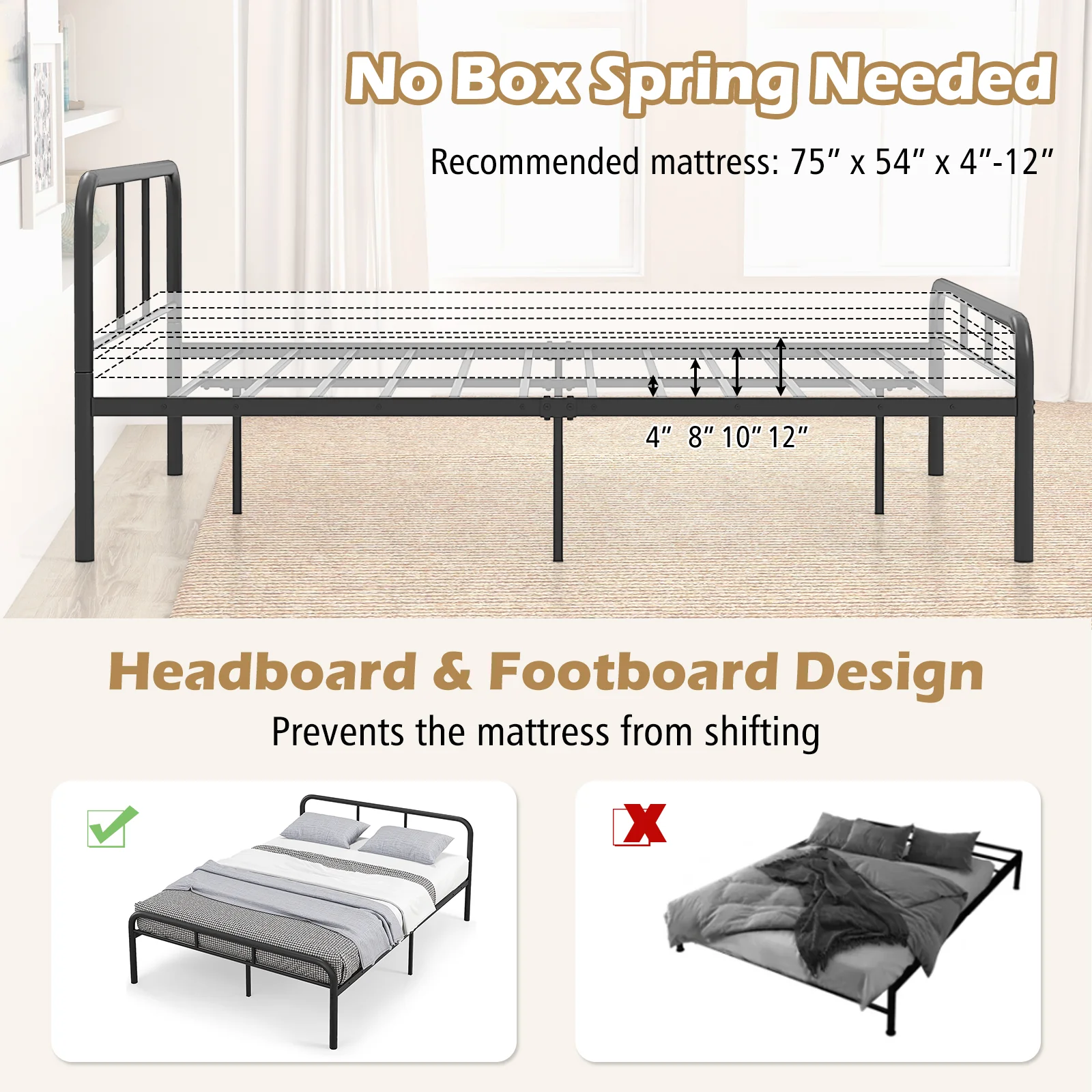 Full Bed Frame With Headboard, Footboard, Black - Image 10