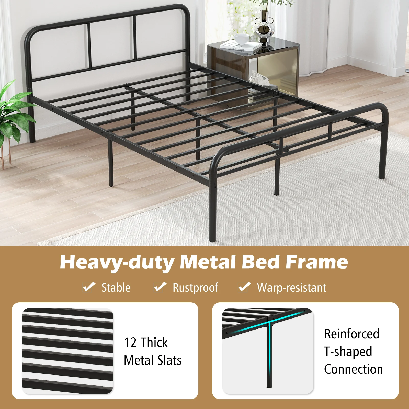 Full Bed Frame With Headboard, Footboard, Black - Image 9