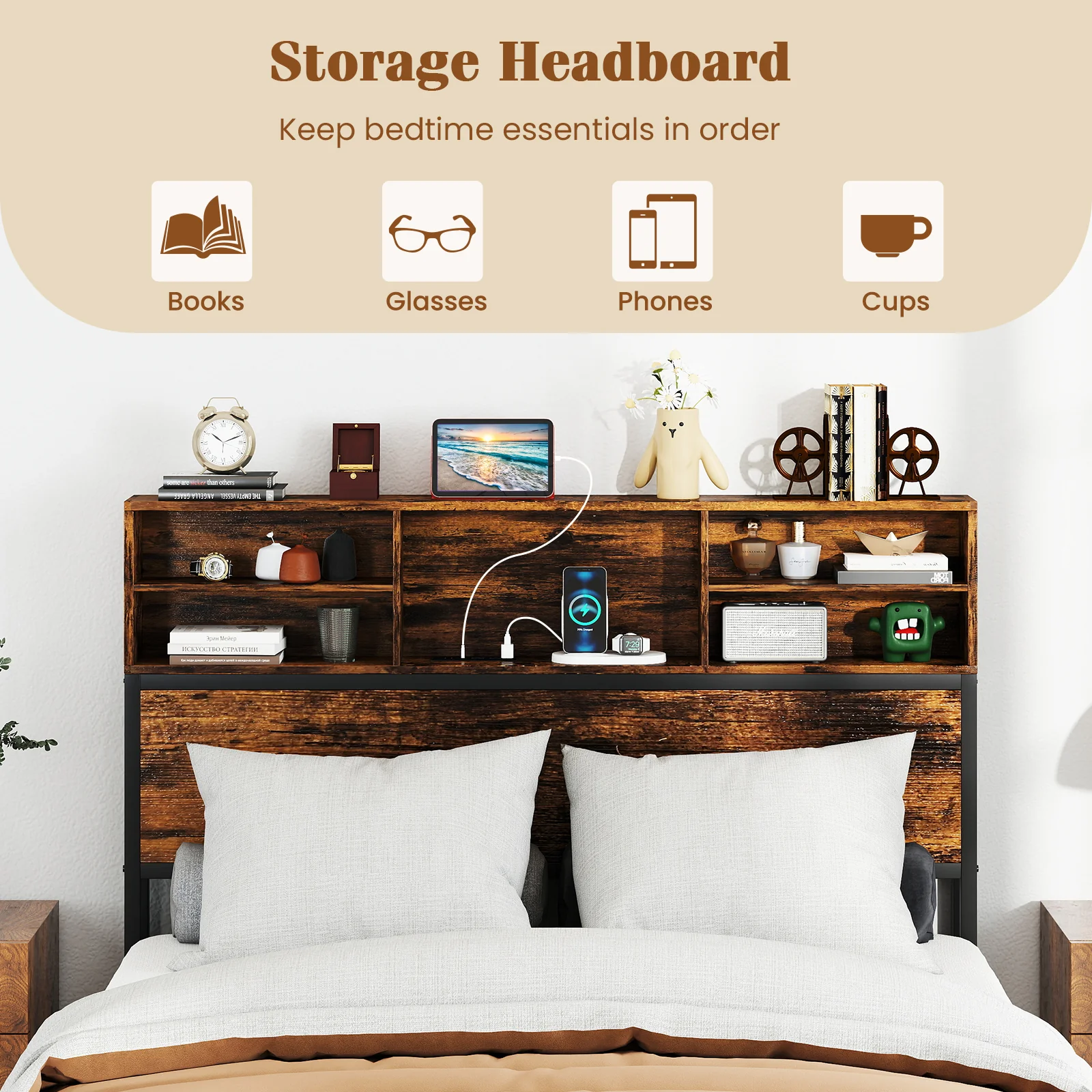 Full King Size Bed Frame, Storage Headboard, Industrial Metal Platform, Rustic Brown - Image 10