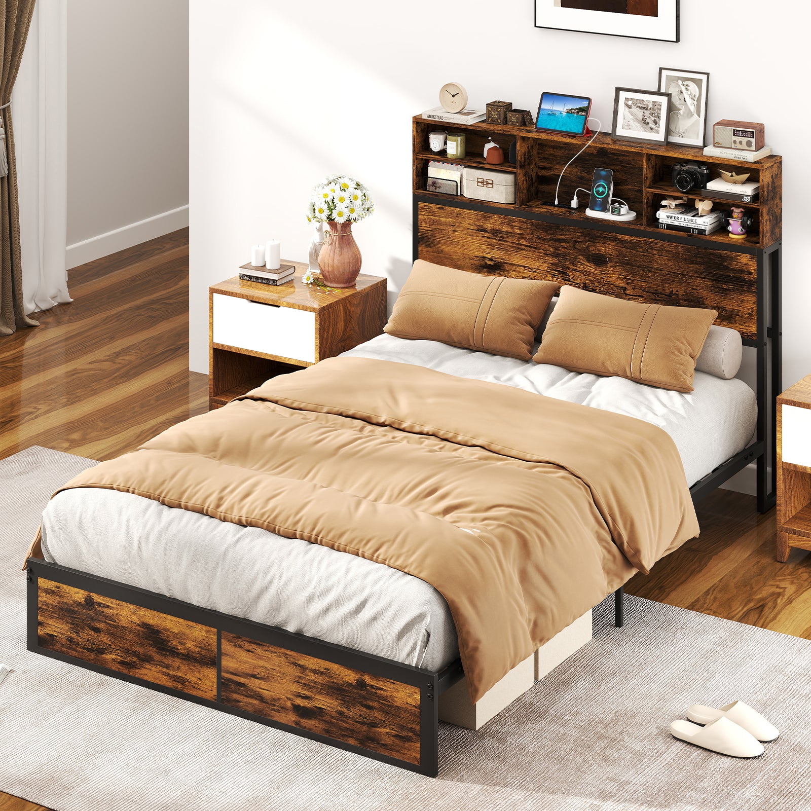 Full King Size Bed Frame, Storage Headboard, Industrial Metal Platform, Rustic Brown - Image 2