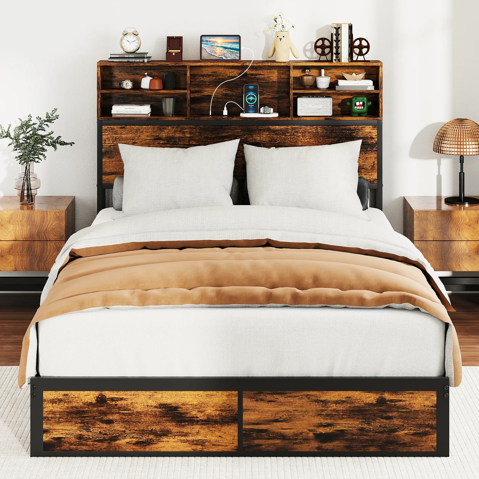 Full King Size Bed Frame, Storage Headboard, Industrial Metal Platform, Rustic Brown - Image 3