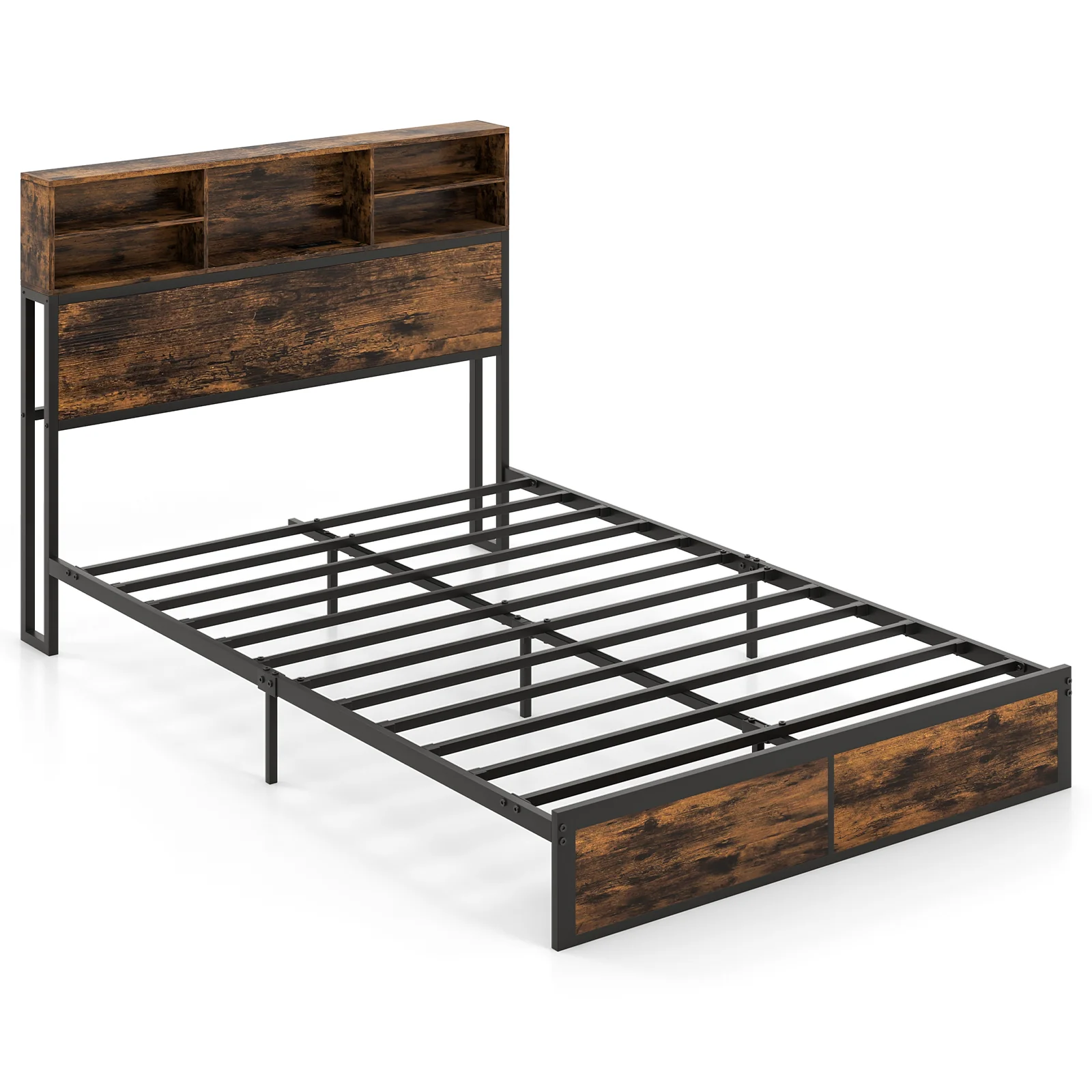 Full King Size Bed Frame, Storage Headboard, Industrial Metal Platform, Rustic Brown - Image 4