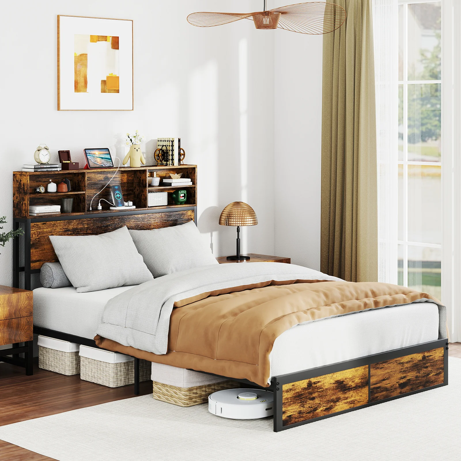 Full King Size Bed Frame, Storage Headboard, Industrial Metal Platform, Rustic Brown - Image 5