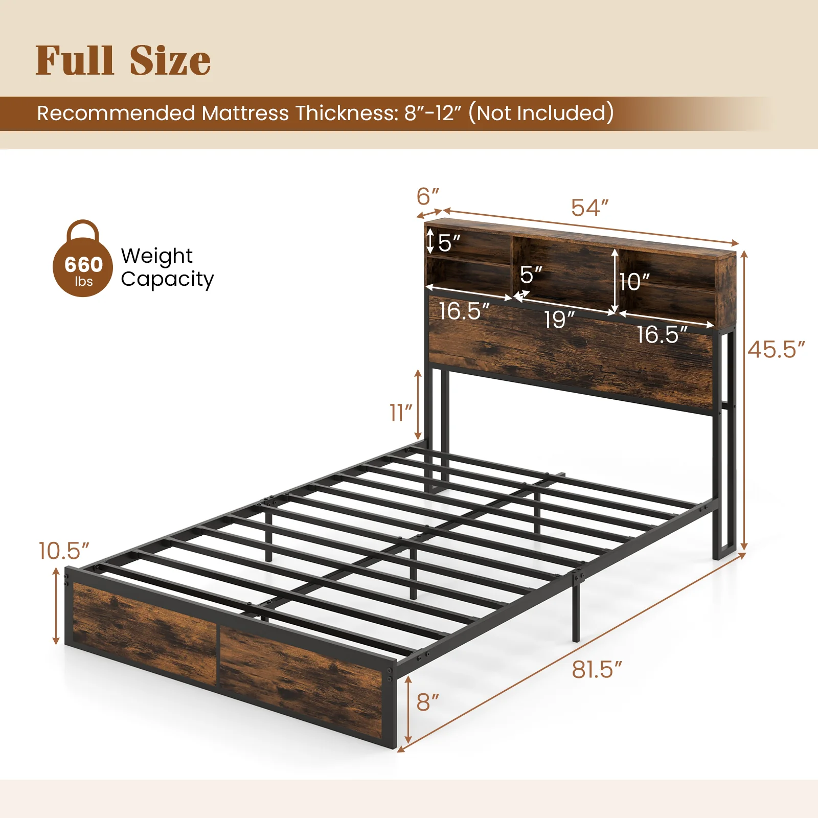 Full King Size Bed Frame, Storage Headboard, Industrial Metal Platform, Rustic Brown - Image 6