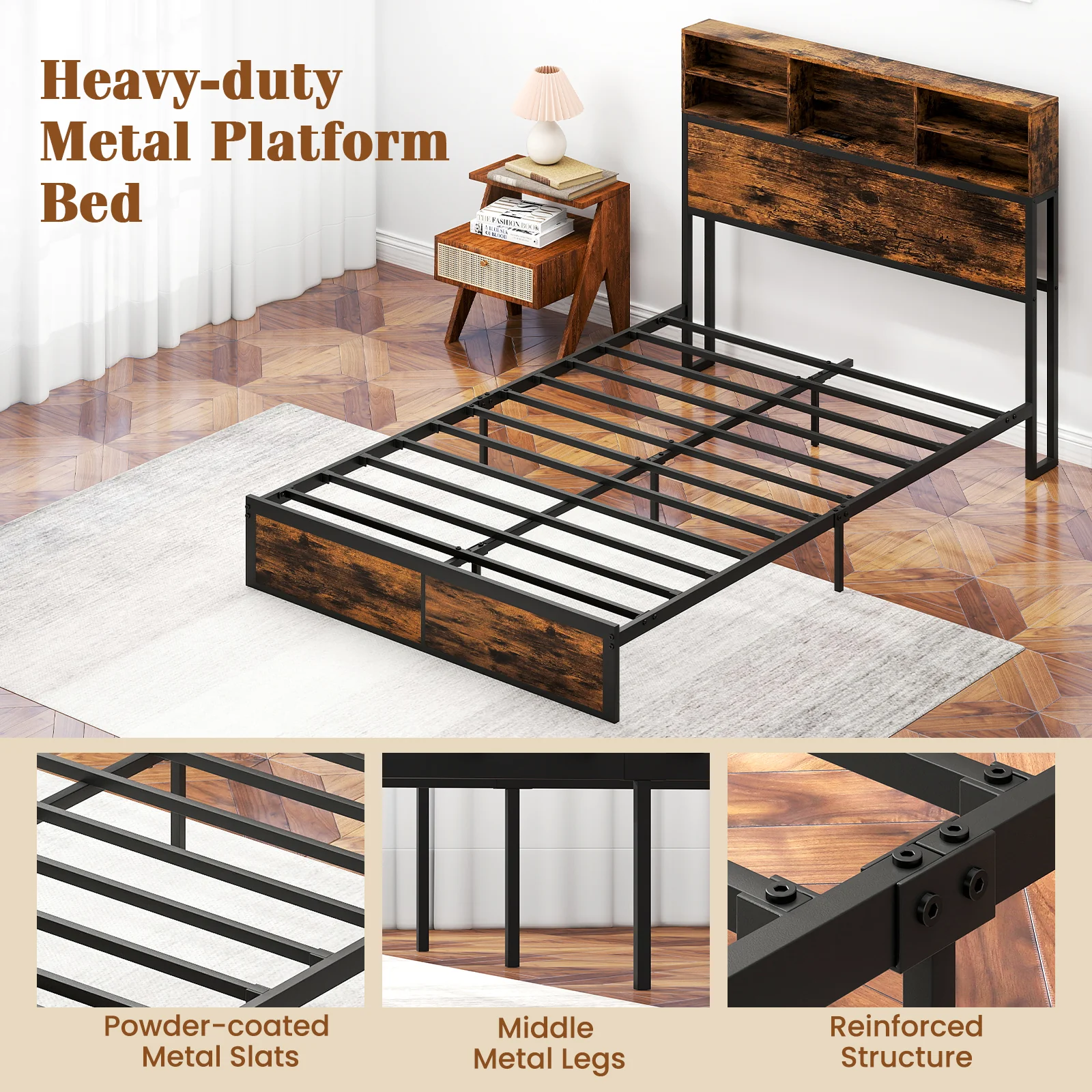 Full King Size Bed Frame, Storage Headboard, Industrial Metal Platform, Rustic Brown - Image 8