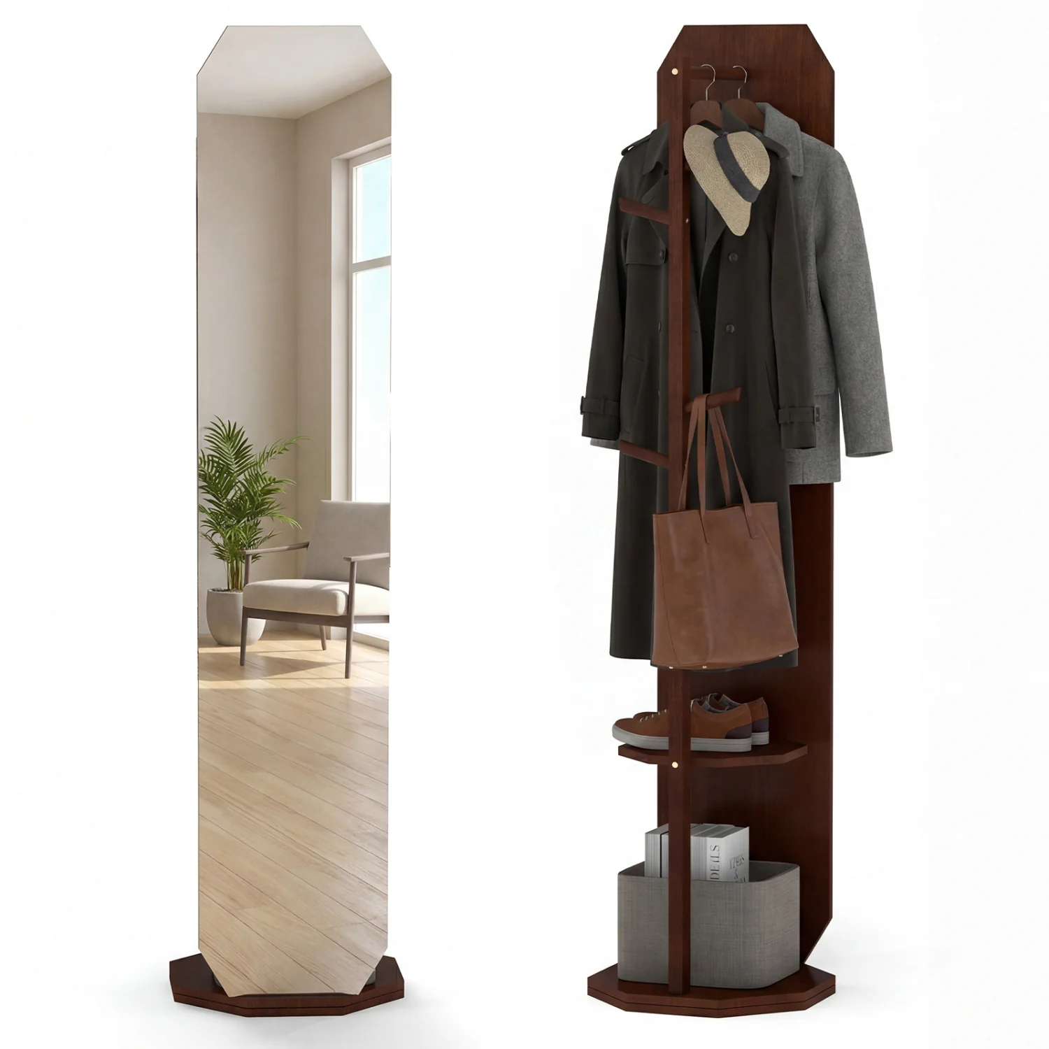 Full Length Mirror Coat Rack, Clothes Hanger, Walnut