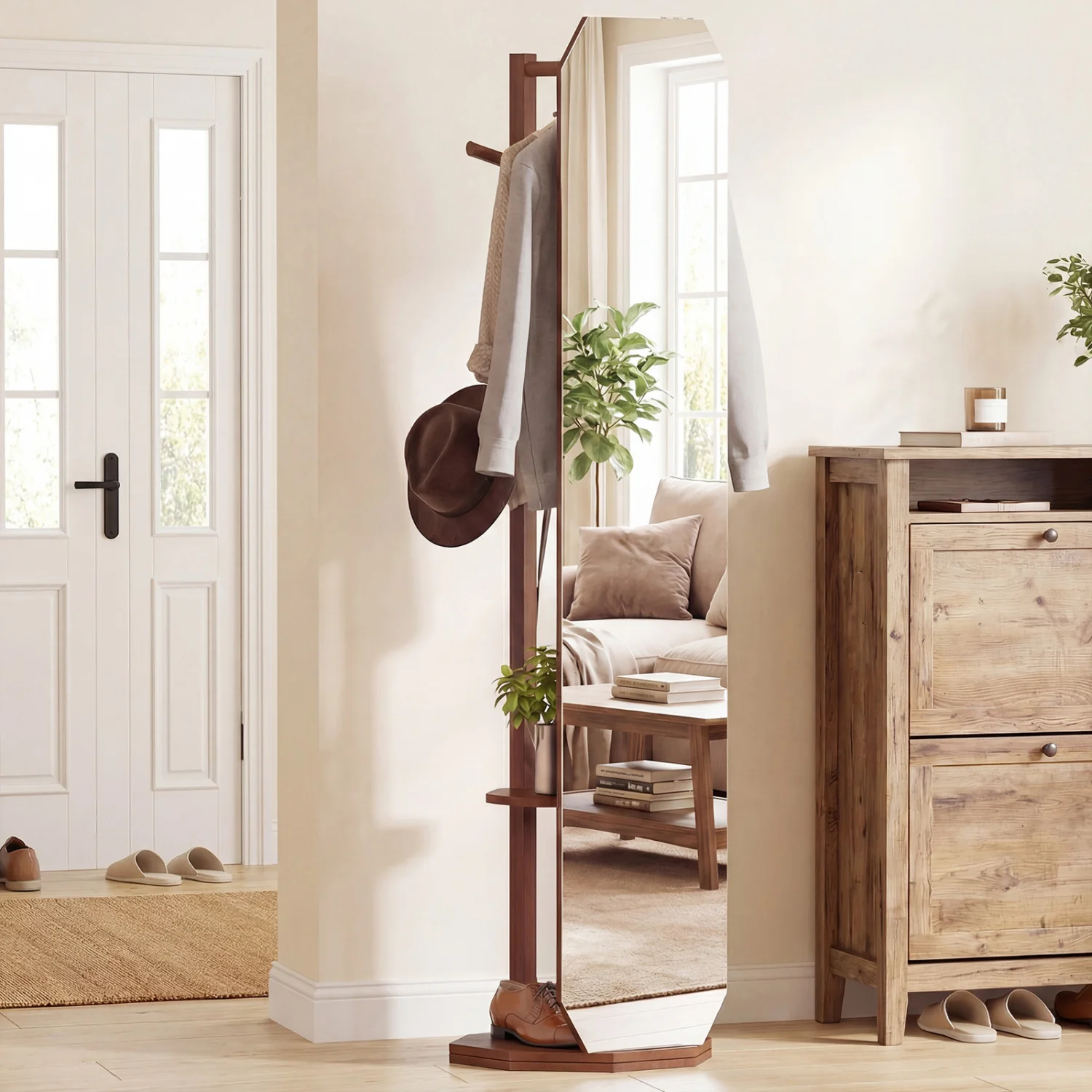 Full Length Mirror Coat Rack, Clothes Hanger, Walnut - Image 2