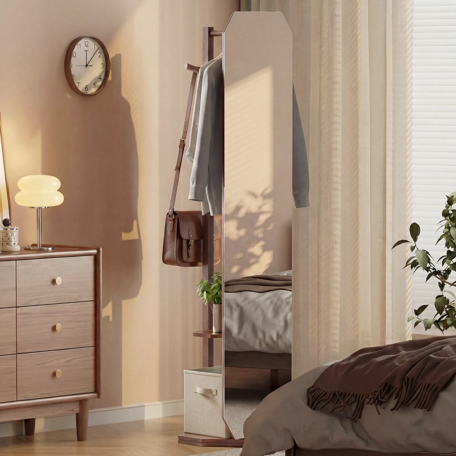 Full Length Mirror Coat Rack, Clothes Hanger, Walnut - Image 7