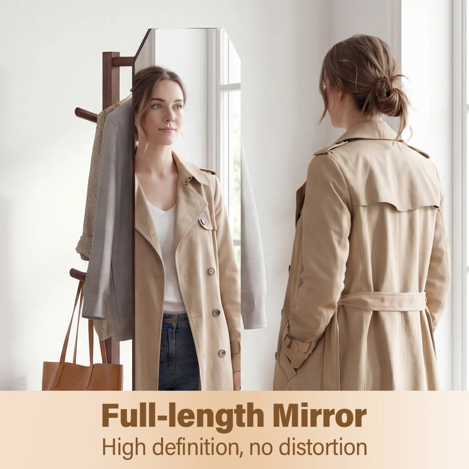 Full Length Mirror Coat Rack, Clothes Hanger, Walnut - Image 8
