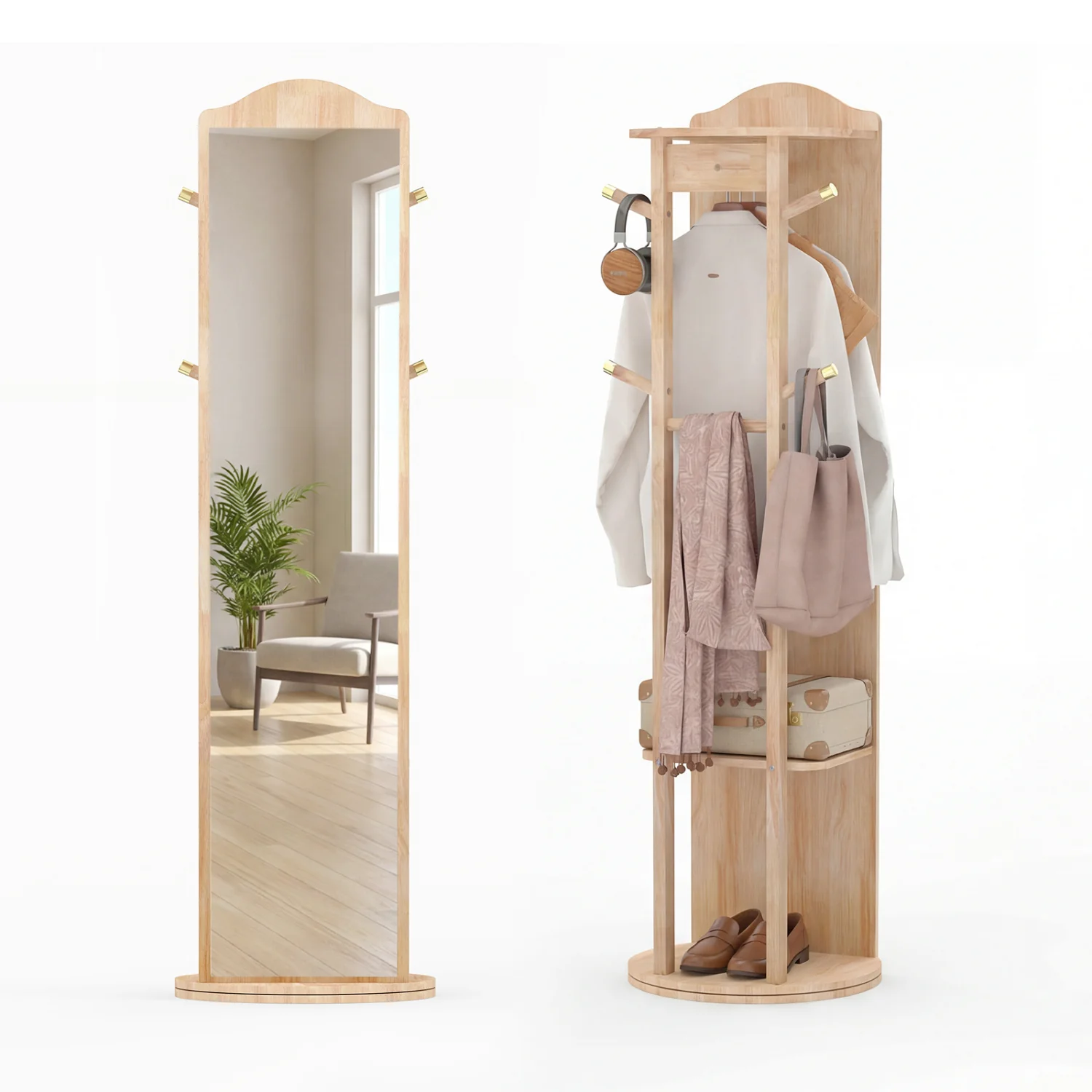 Full Length Mirror Coat Rack, Storage Shelves, Hooks, Natural