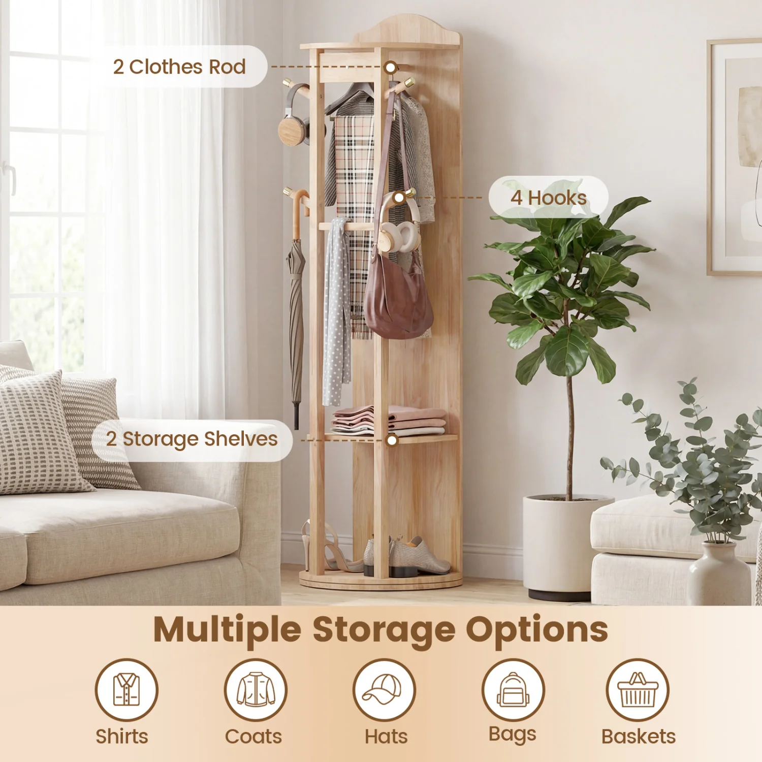 Full Length Mirror Coat Rack, Storage Shelves, Hooks, Natural - Image 10