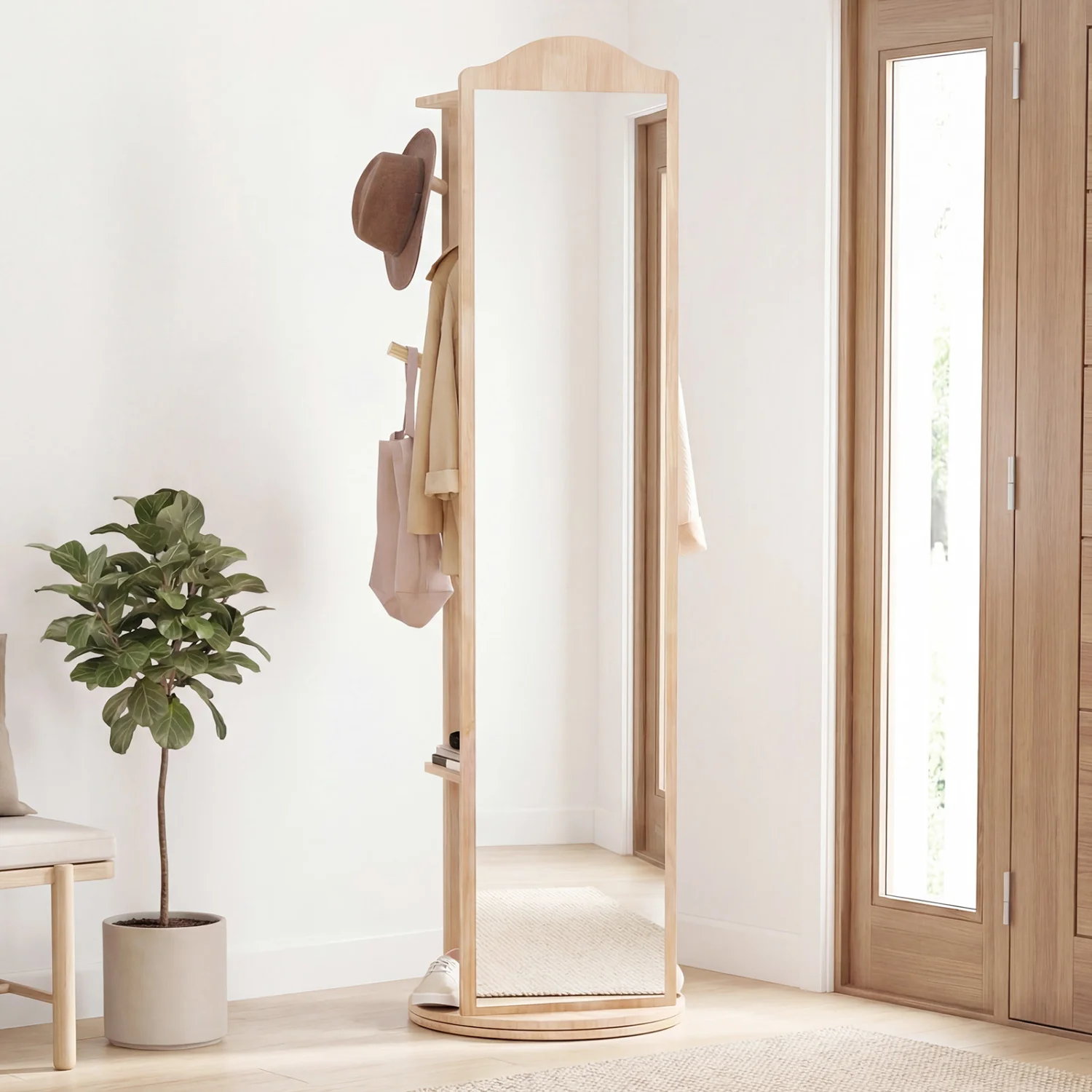 Full Length Mirror Coat Rack, Storage Shelves, Hooks, Natural - Image 2