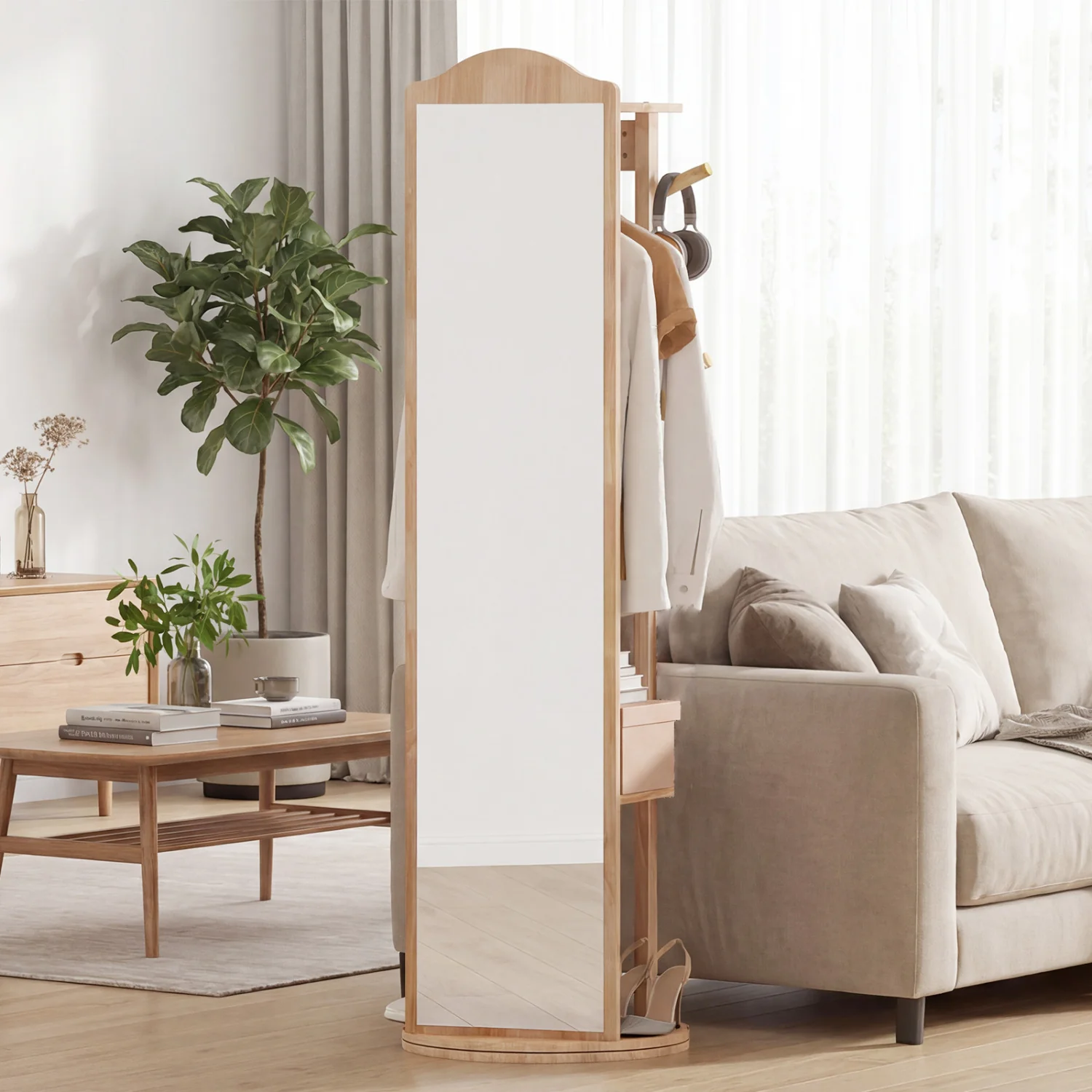 Full Length Mirror Coat Rack, Storage Shelves, Hooks, Natural - Image 3
