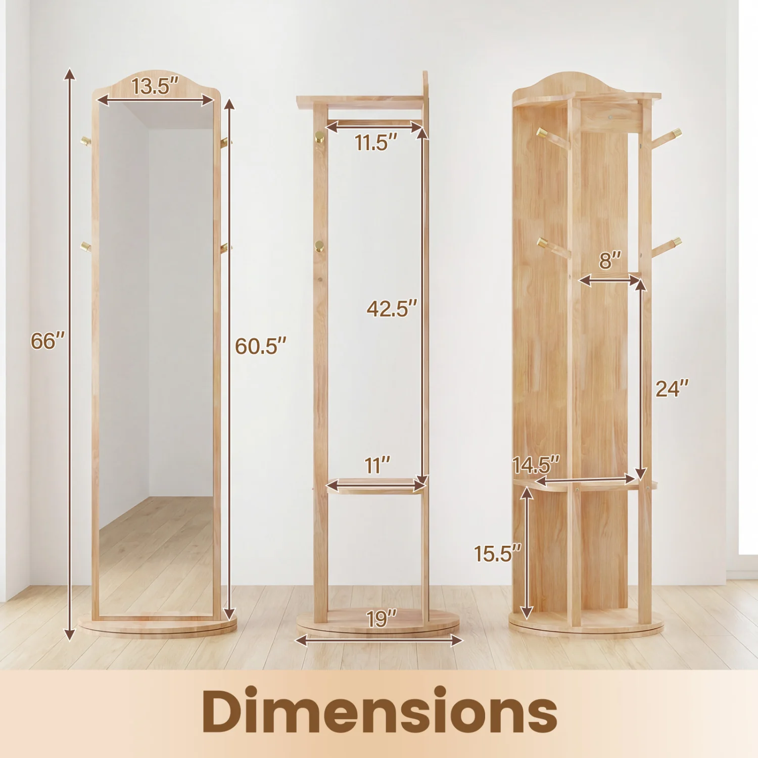 Full Length Mirror Coat Rack, Storage Shelves, Hooks, Natural - Image 5