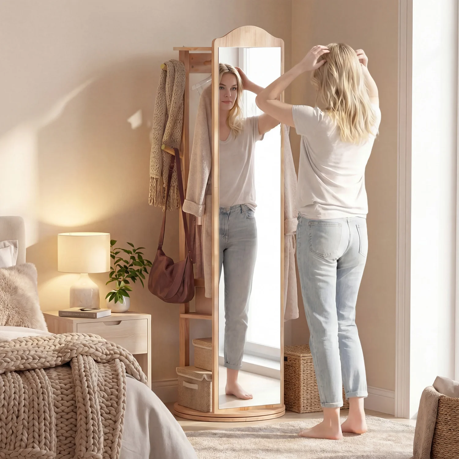 Full Length Mirror Coat Rack, Storage Shelves, Hooks, Natural - Image 6