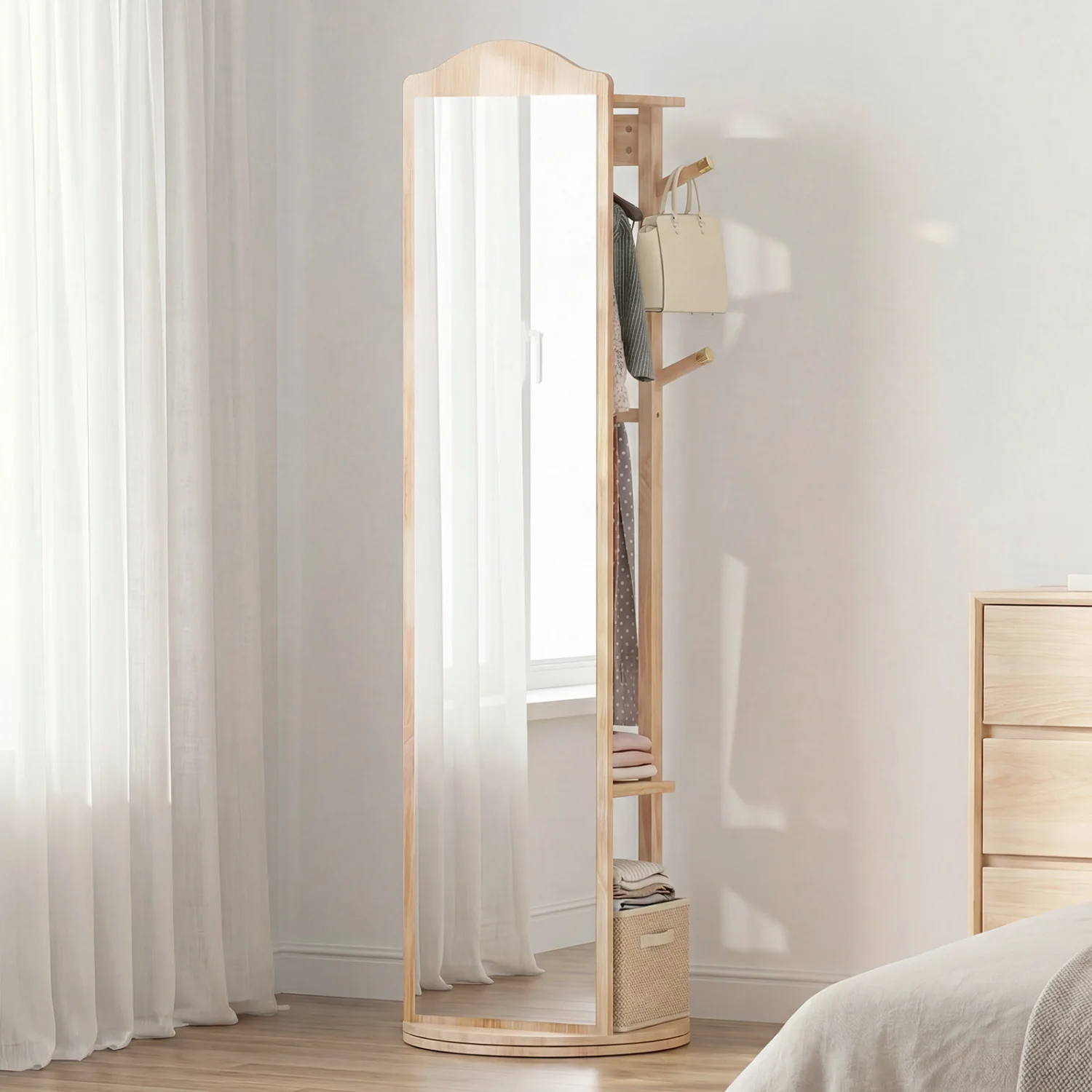 Full Length Mirror Coat Rack, Storage Shelves, Hooks, Natural - Image 7