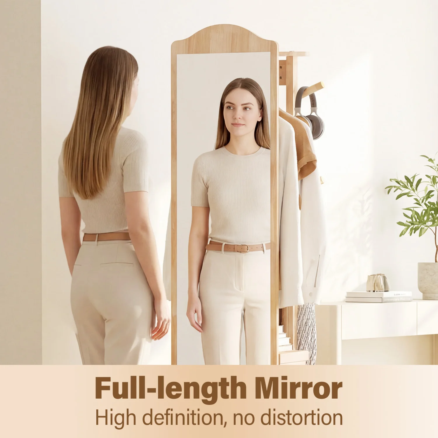 Full Length Mirror Coat Rack, Storage Shelves, Hooks, Natural - Image 8