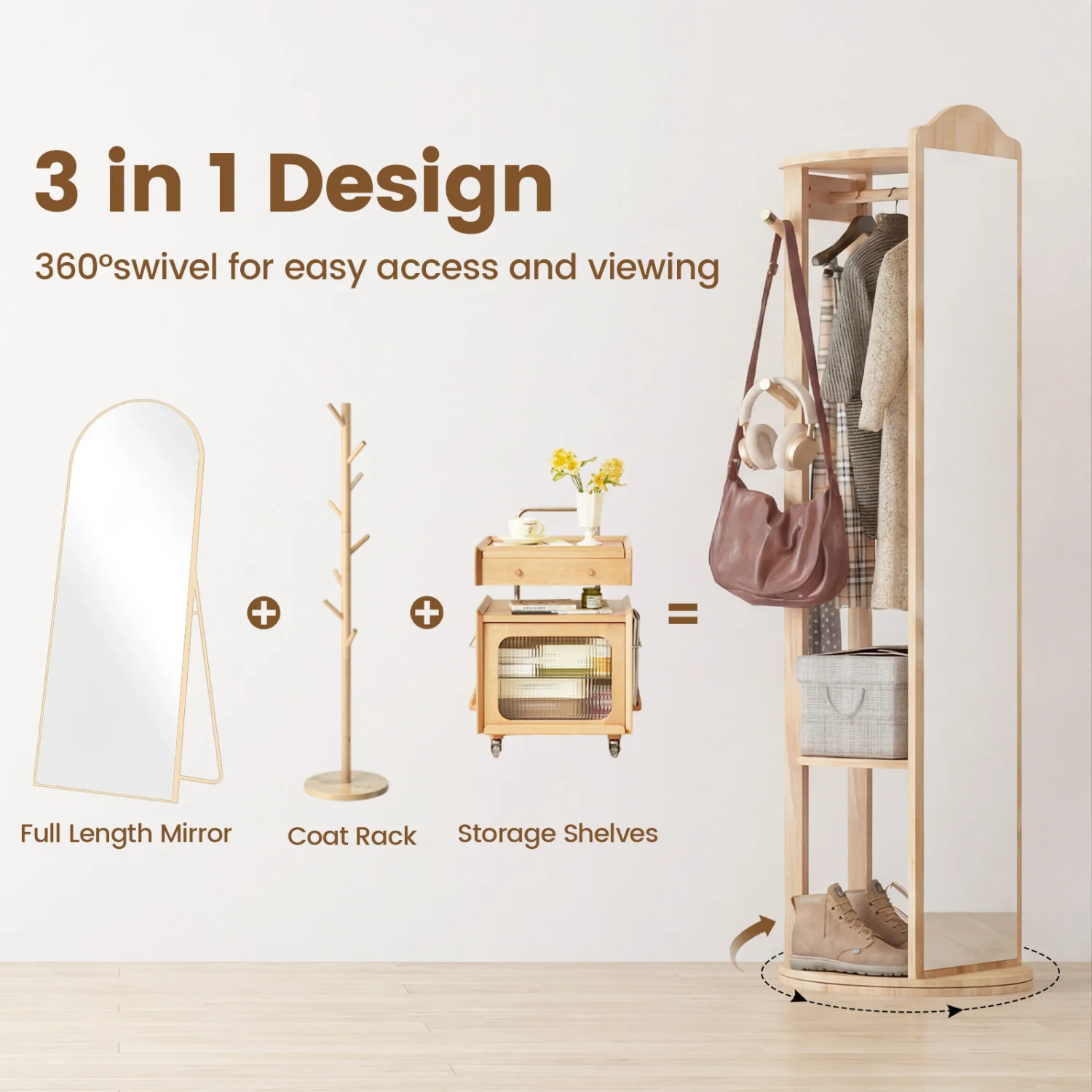 Full Length Mirror Coat Rack, Storage Shelves, Hooks, Natural - Image 9
