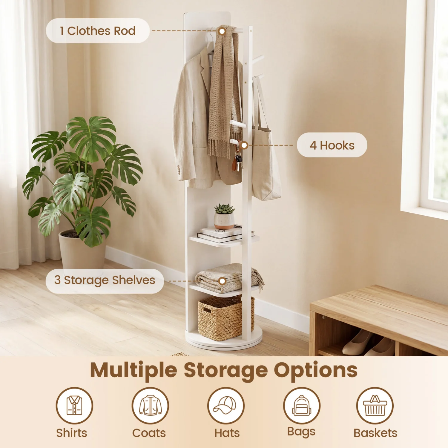 Full Length Mirror Coat Rack, Swivel Floor Mirror, White - Image 10
