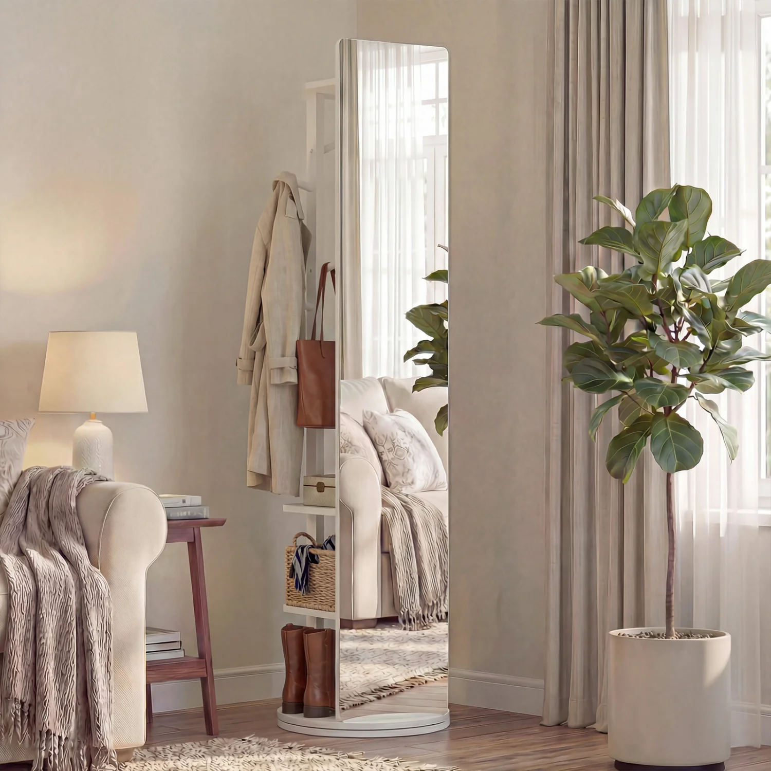 Full Length Mirror Coat Rack, Swivel Floor Mirror, White - Image 3