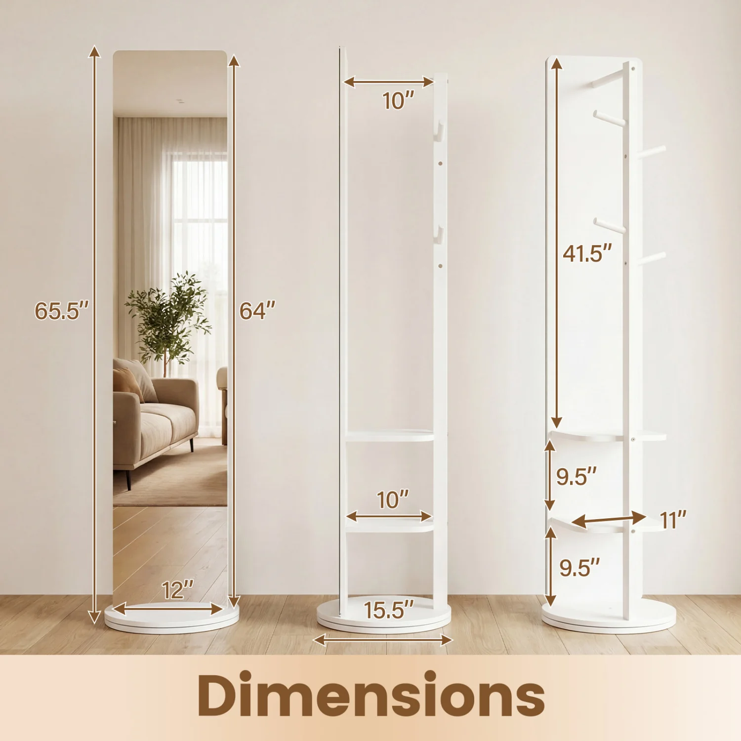 Full Length Mirror Coat Rack, Swivel Floor Mirror, White - Image 5