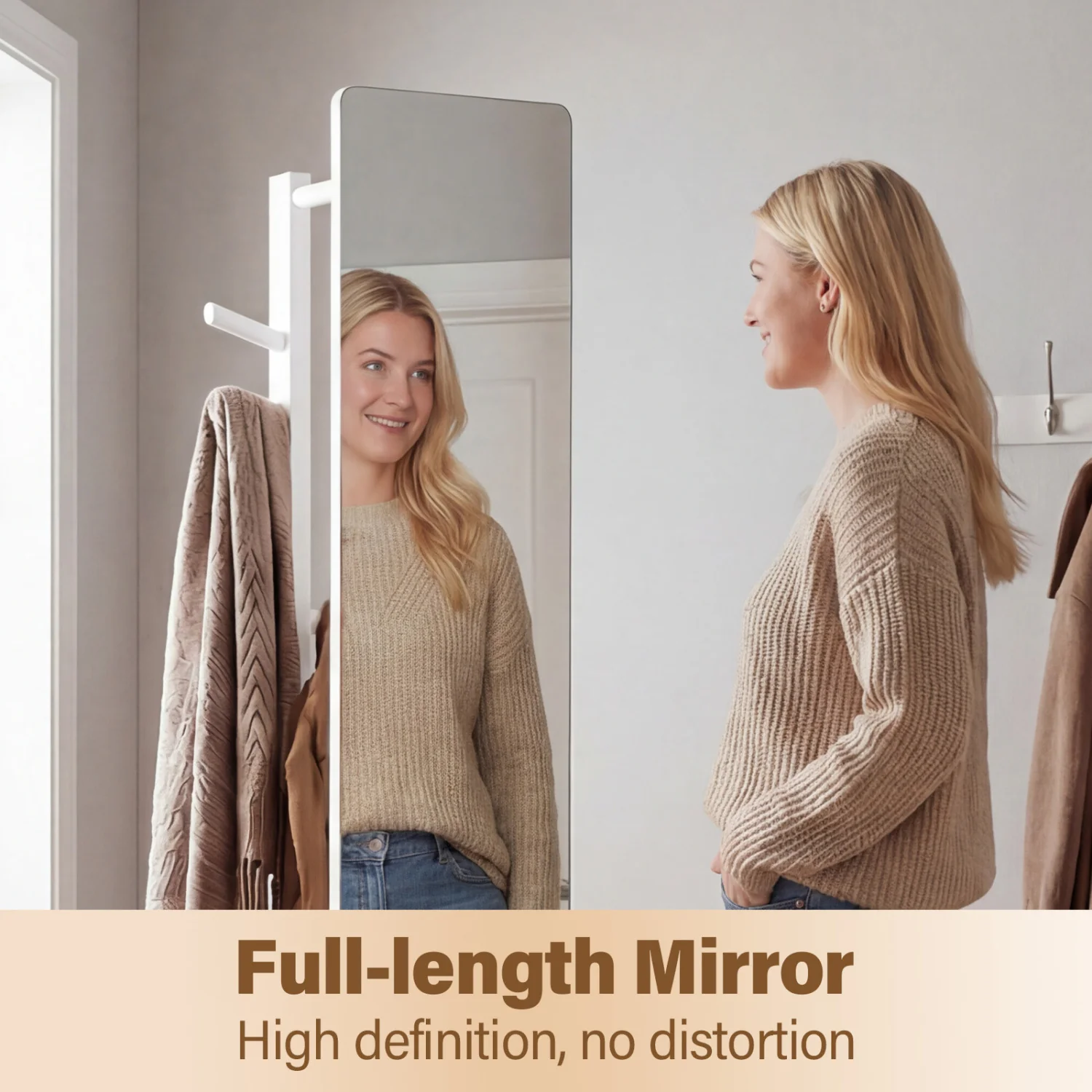 Full Length Mirror Coat Rack, Swivel Floor Mirror, White - Image 8
