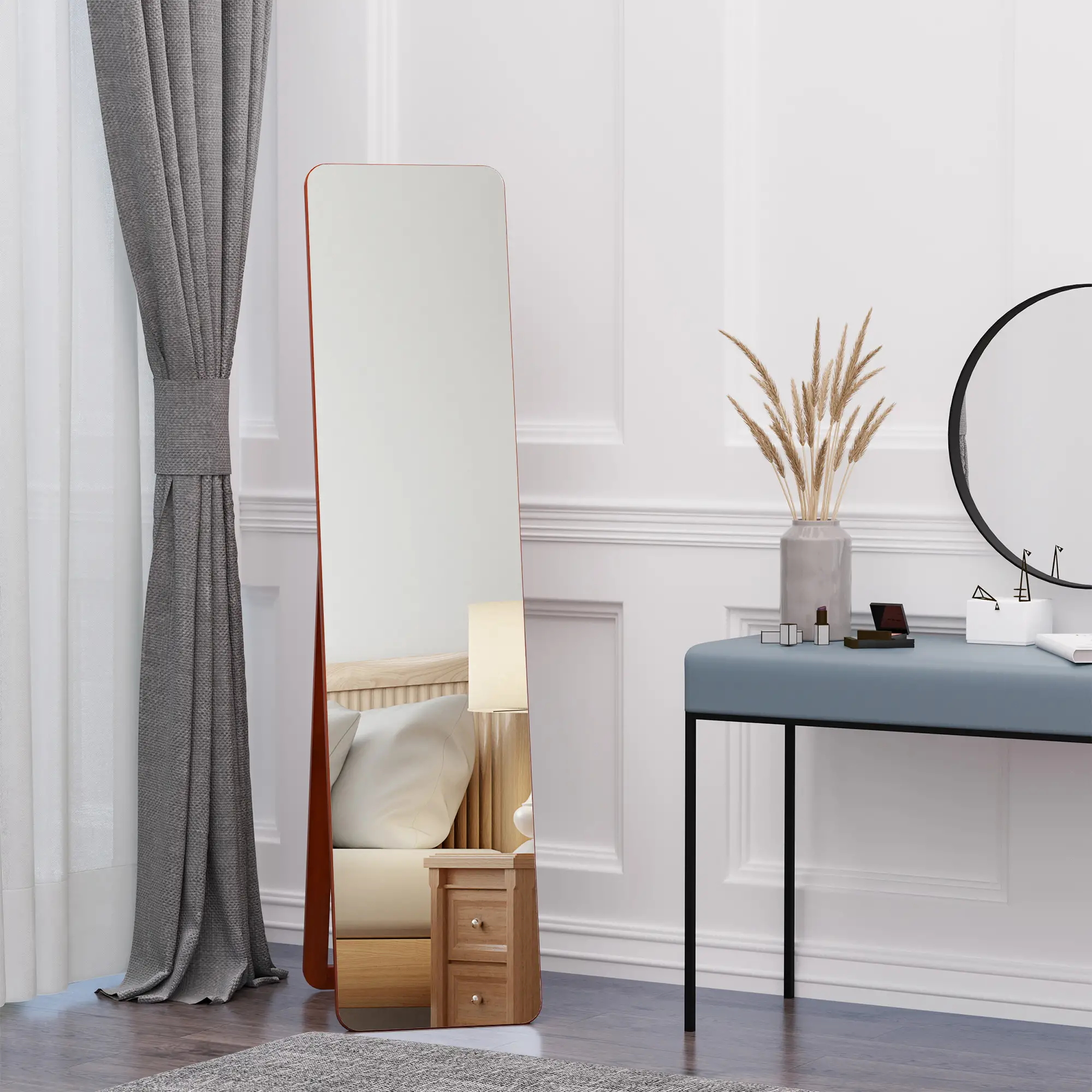 Full Length Mirror, Free Standing, Wood Frame, 15" x 61", Light Walnut - Image 8