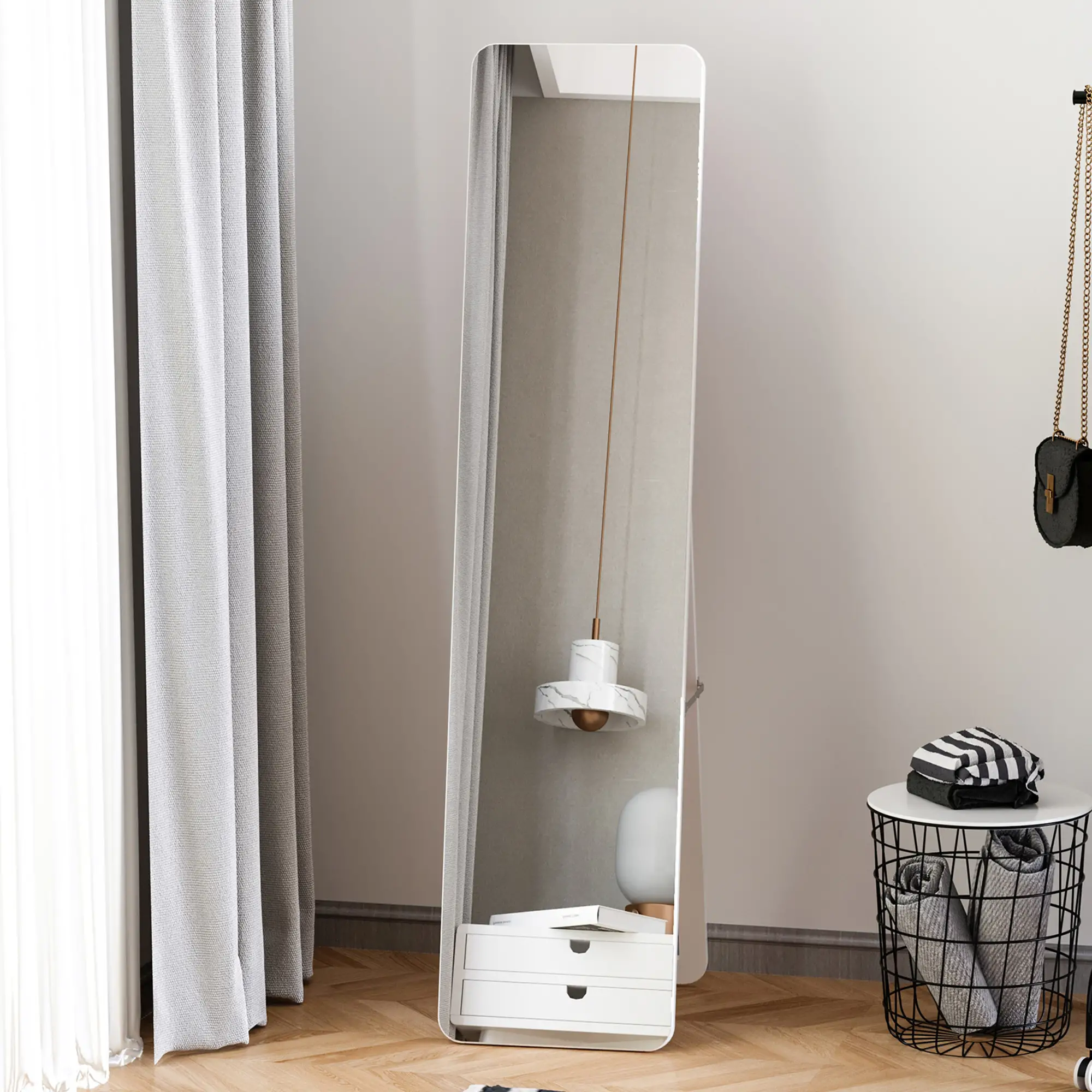 Full Length Mirror, Free Standing, Wood Frame, 15" x 61", White - Image 2