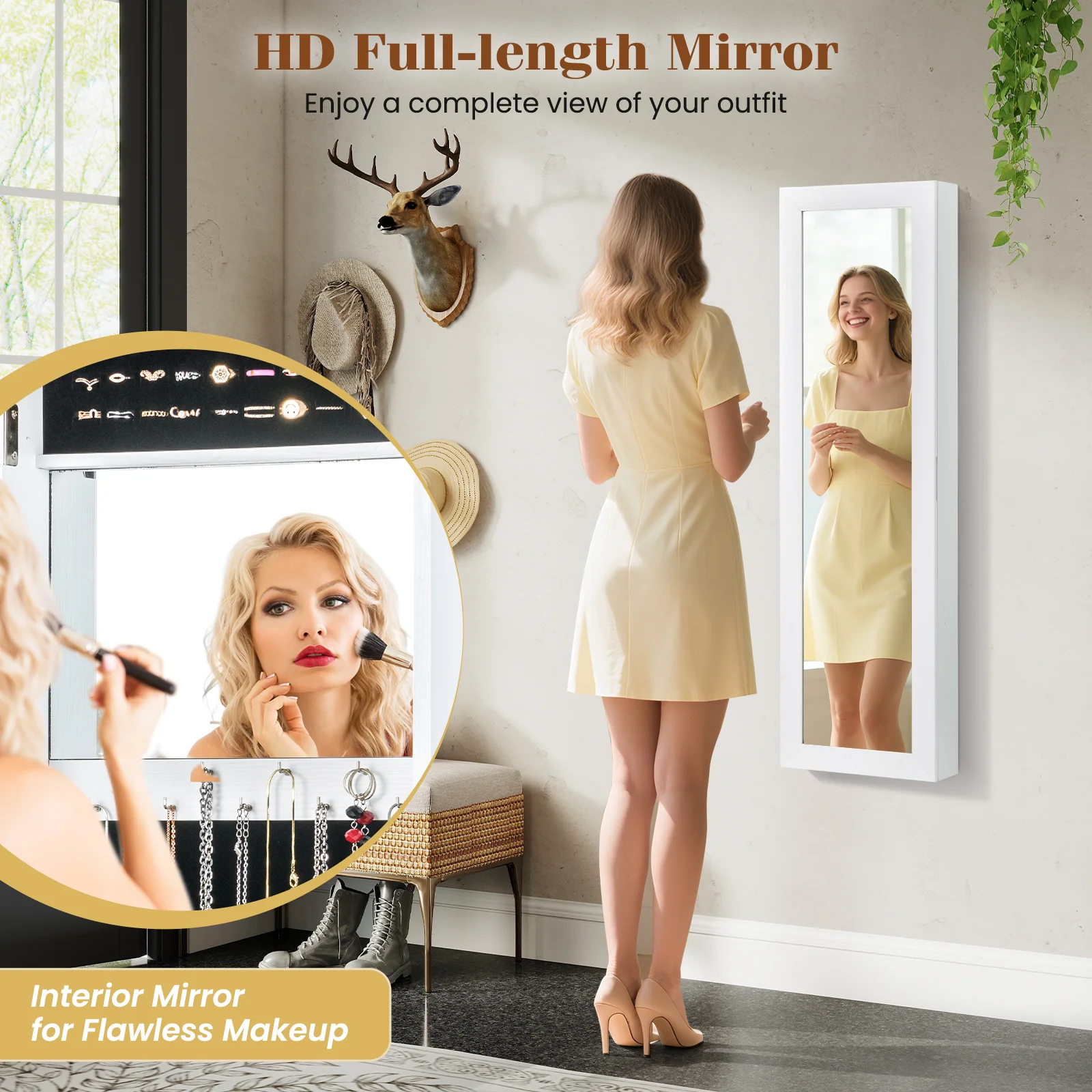 Full Length Mirror Jewelry Cabinet With Ring Slots And Necklace Hooks, White - Image 10