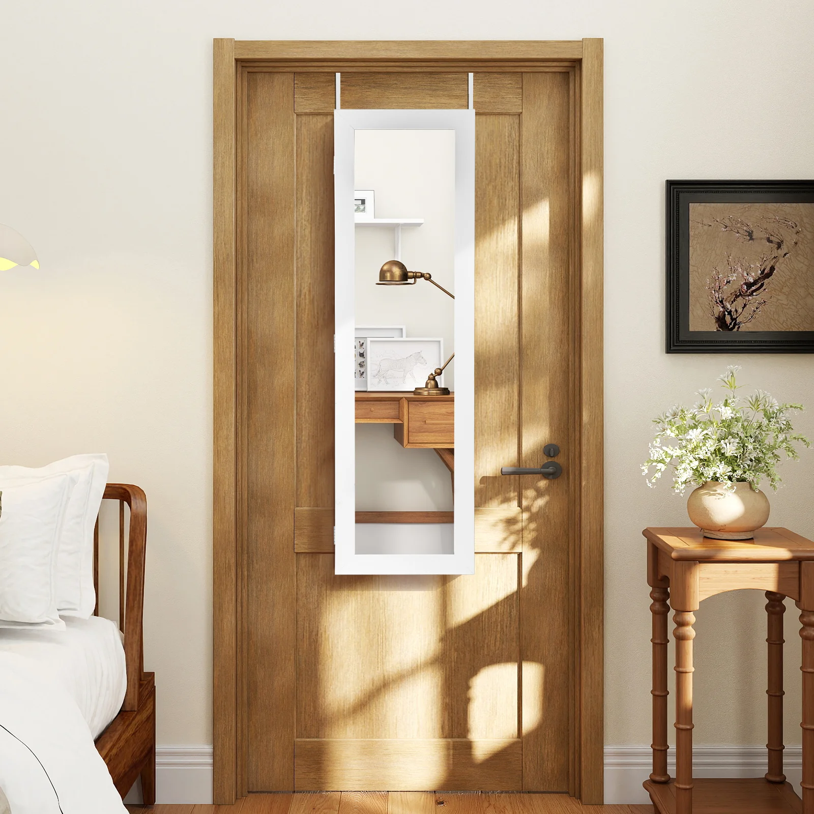 Full Length Mirror Jewelry Cabinet With Ring Slots And Necklace Hooks, White - Image 3