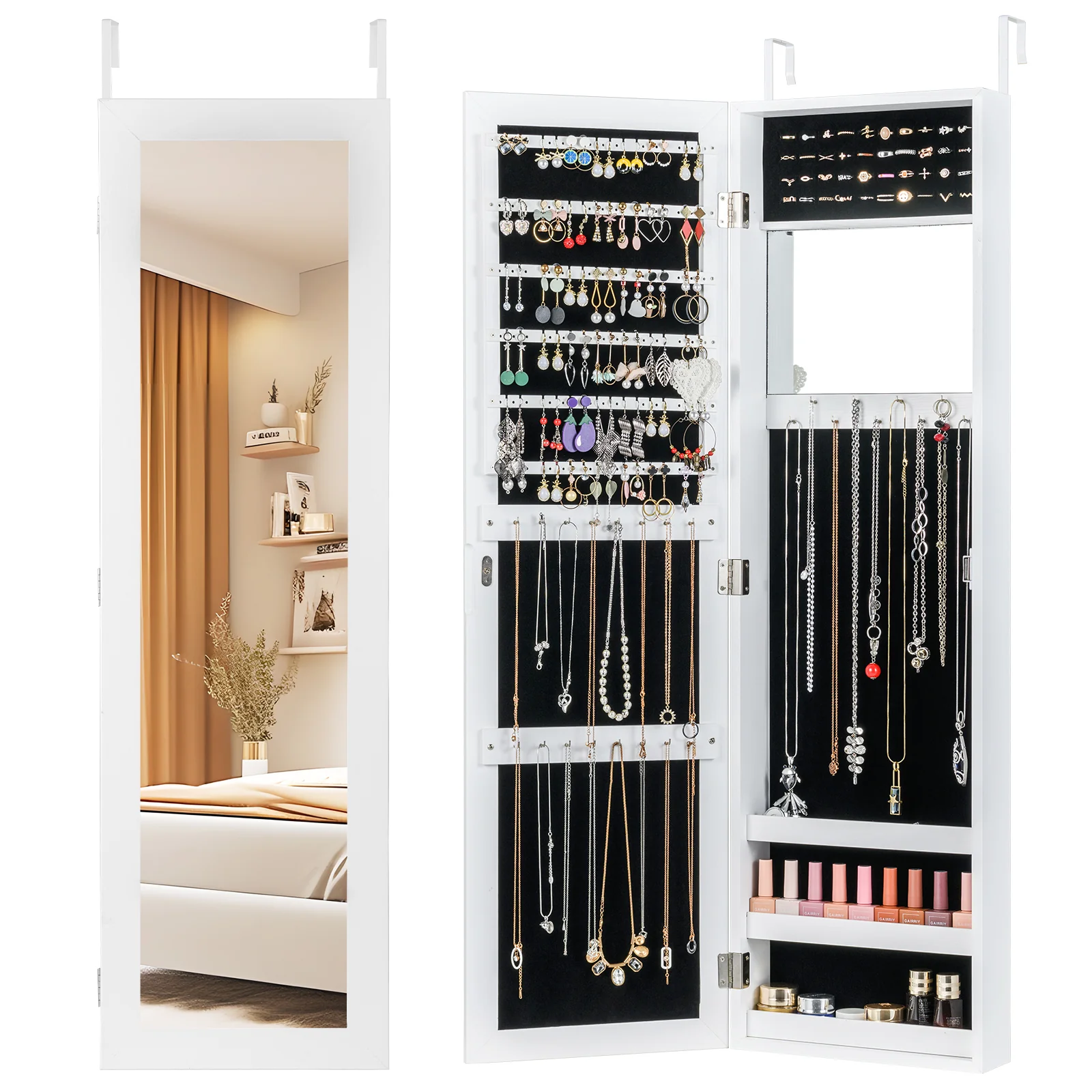 Full Length Mirror Jewelry Cabinet With Ring Slots And Necklace Hooks, White - Image 4