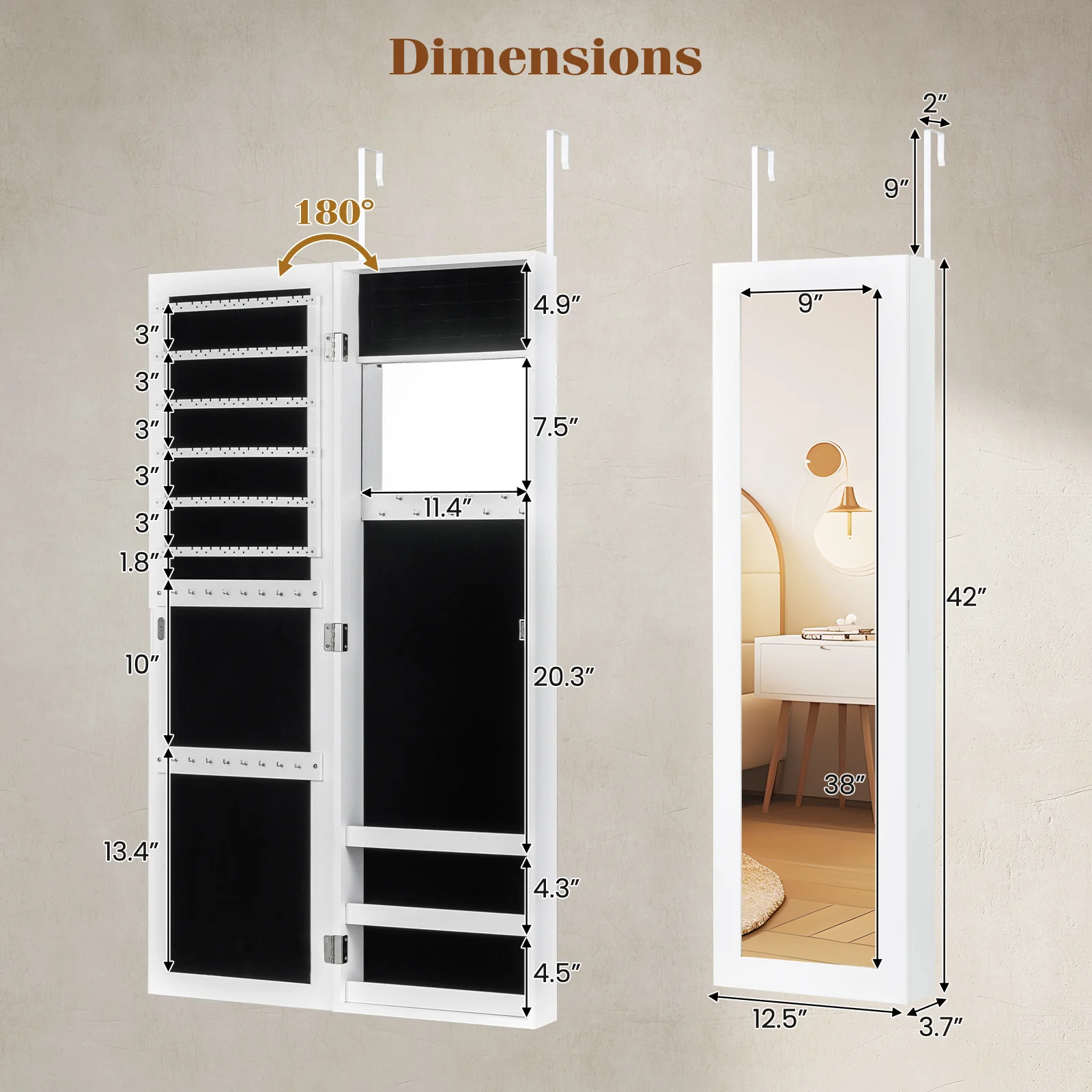 Full Length Mirror Jewelry Cabinet With Ring Slots And Necklace Hooks, White - Image 6