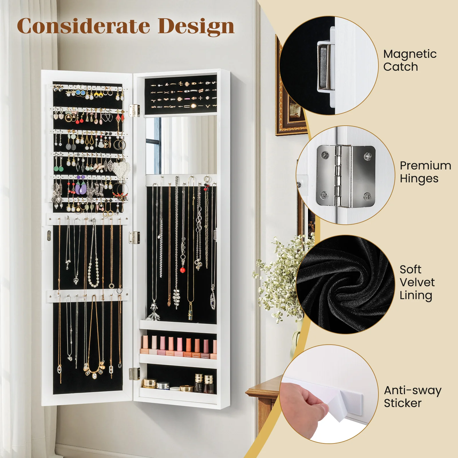 Full Length Mirror Jewelry Cabinet With Ring Slots And Necklace Hooks, White - Image 8