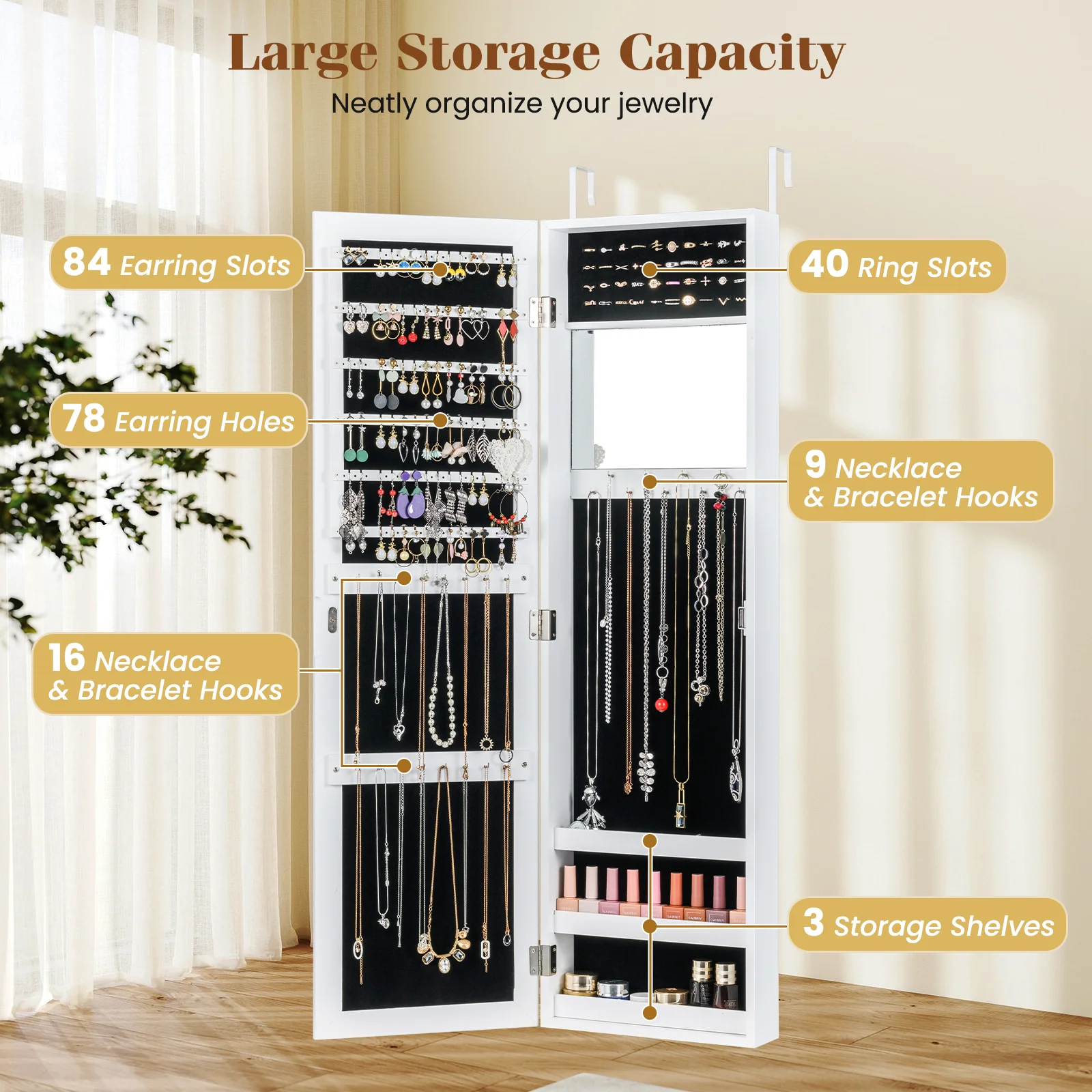 Full Length Mirror Jewelry Cabinet With Ring Slots And Necklace Hooks, White - Image 9
