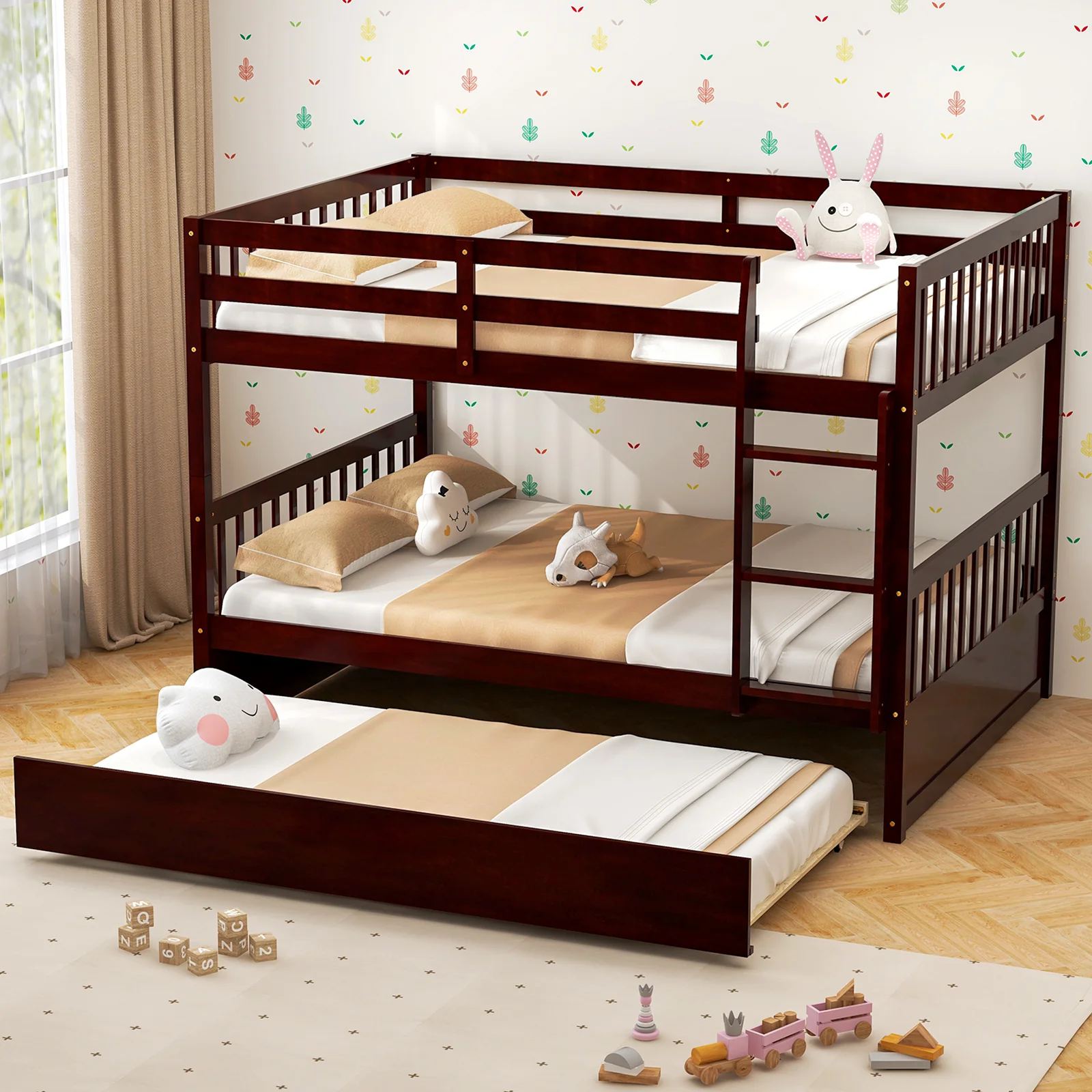 Full Over Full Bunk Bed, Wood Platform, Brown - Image 2