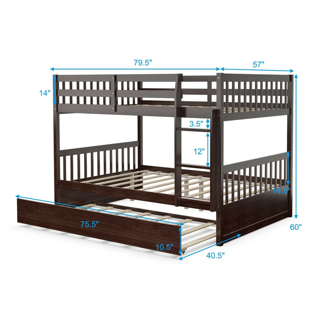 Full Over Full Bunk Bed, Wood Platform, Brown - Image 6