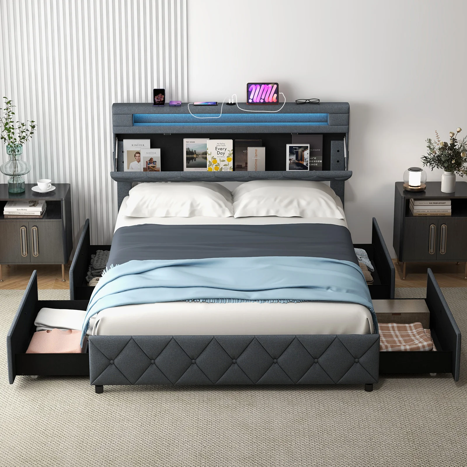 Full/Queen Bed Frame, Adjustable Storage Headboard, Wooden Slat Support, Gray - Image 2