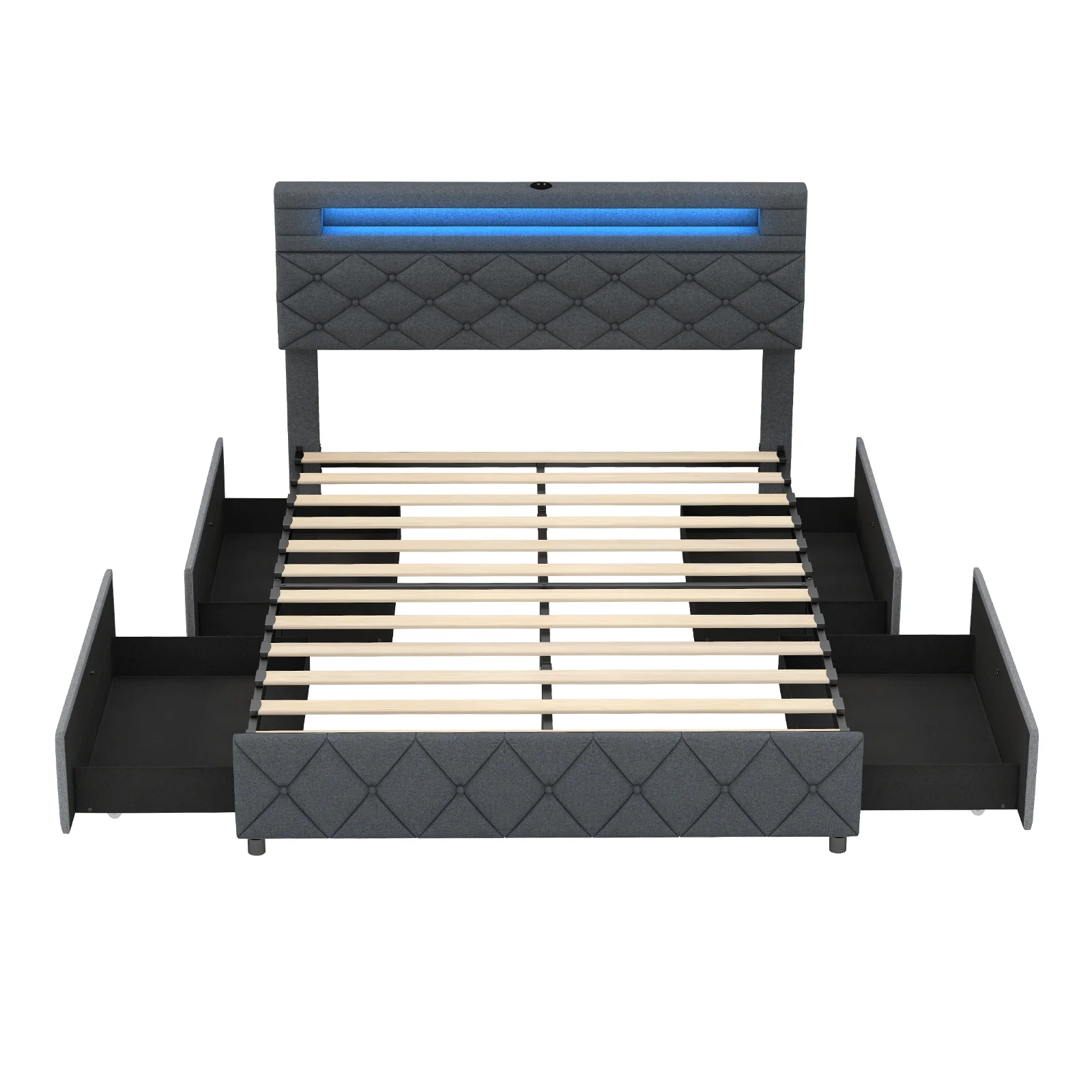 Full/Queen Bed Frame, Adjustable Storage Headboard, Wooden Slat Support, Gray - Image 4